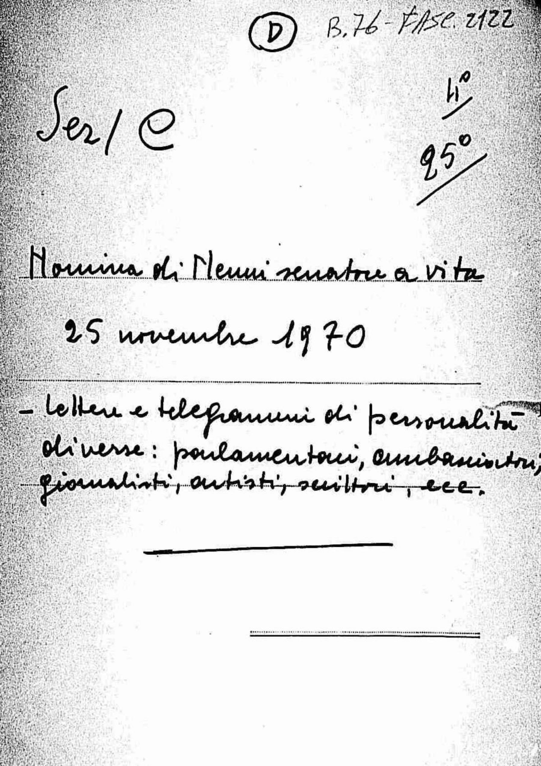 Lettere e telegrammidi personalit' diverse: parlamentari, ambasciatori, giornalisti, artisti, scrittori per la nomina di Pietro Nenni Senatore a vita il 25 novembre 1970, 1970 nov.