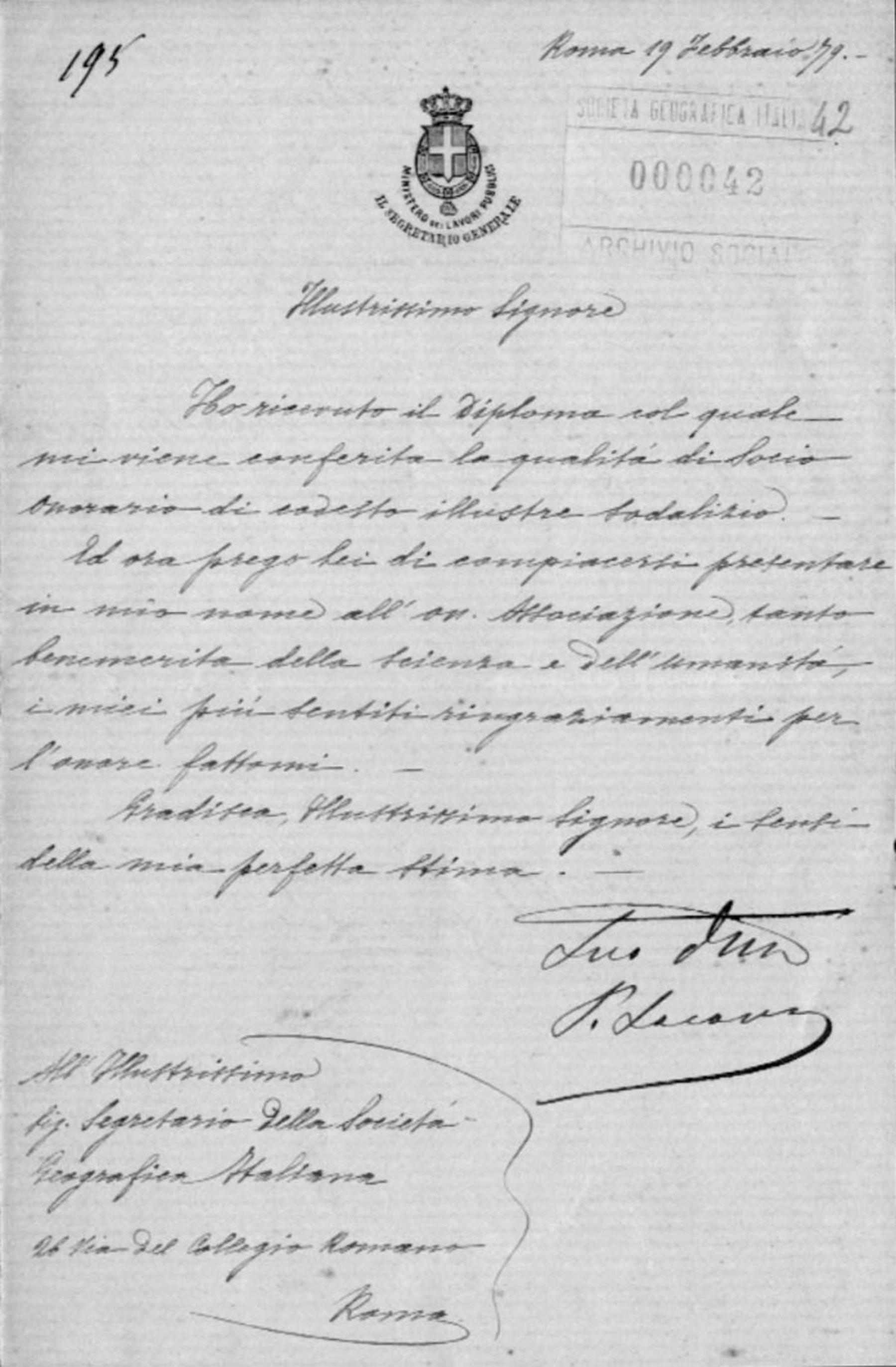 Lettera di Pietro Lacava 19.2.1879