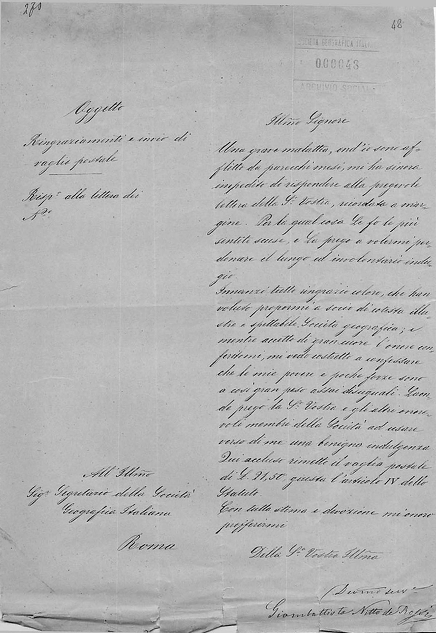Lettera di Giovanni Battista Nitto de Rossi 4.3.1879