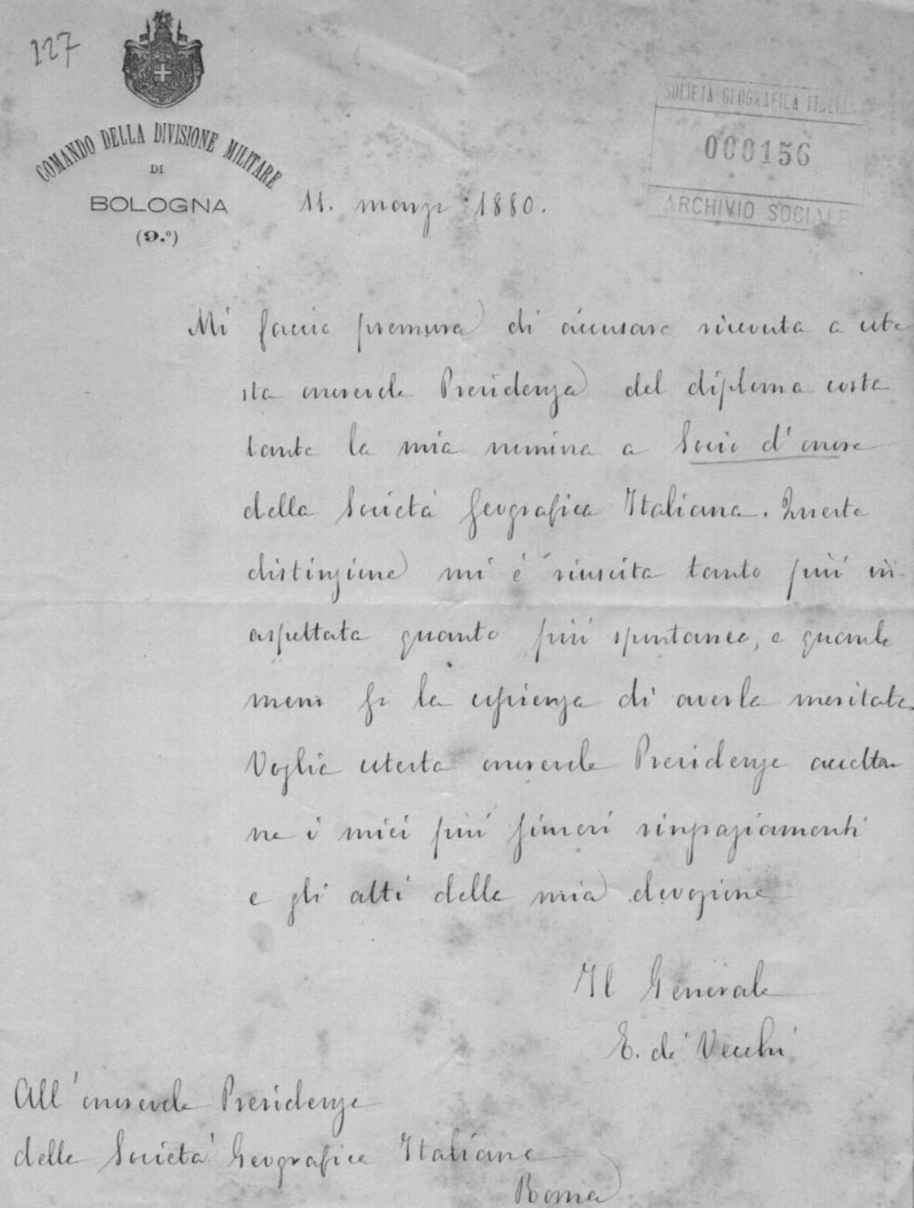 Lettera di Ezio De Vecchi 11.3.1880