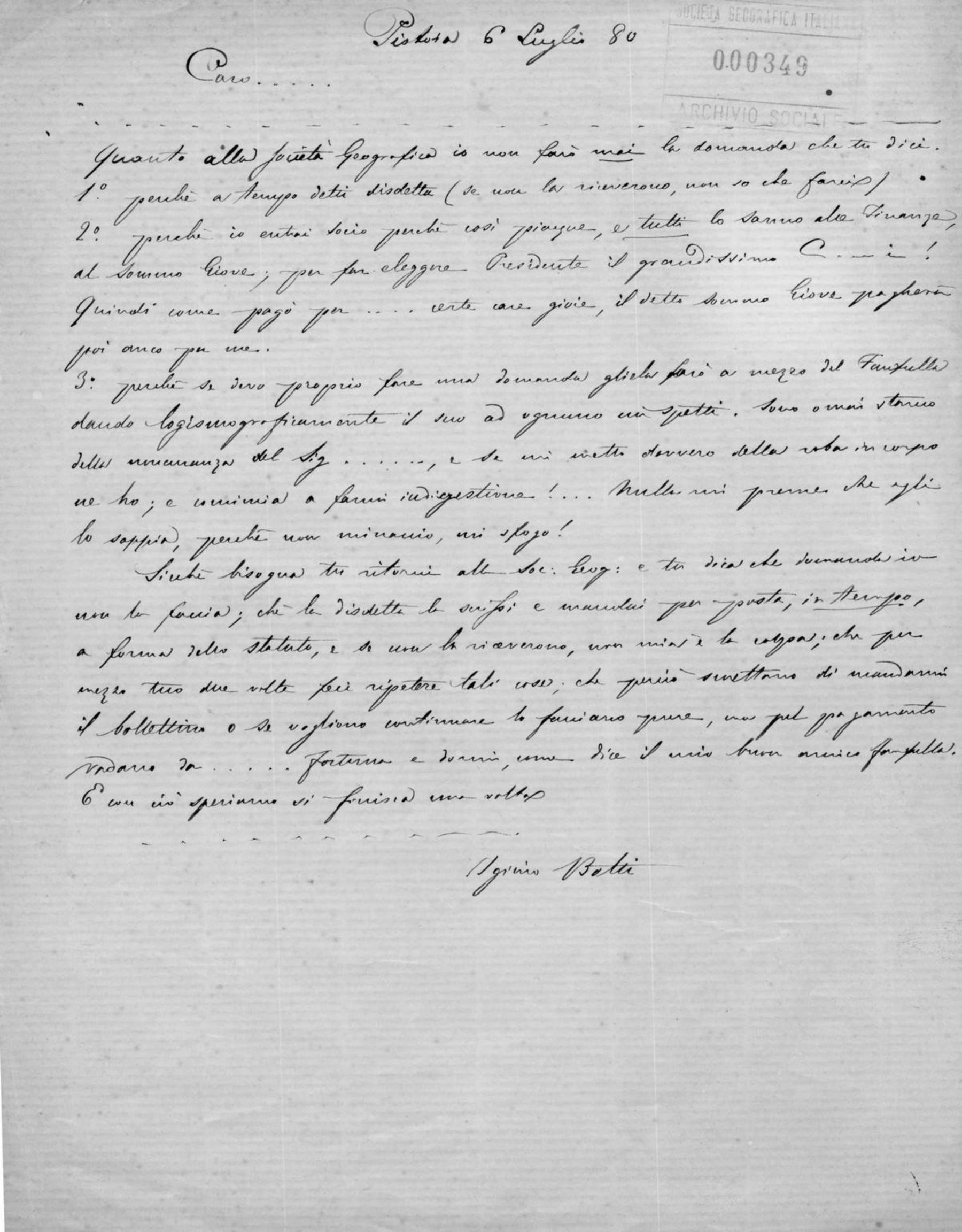 Lettera di Igino Botti 6.7.1880