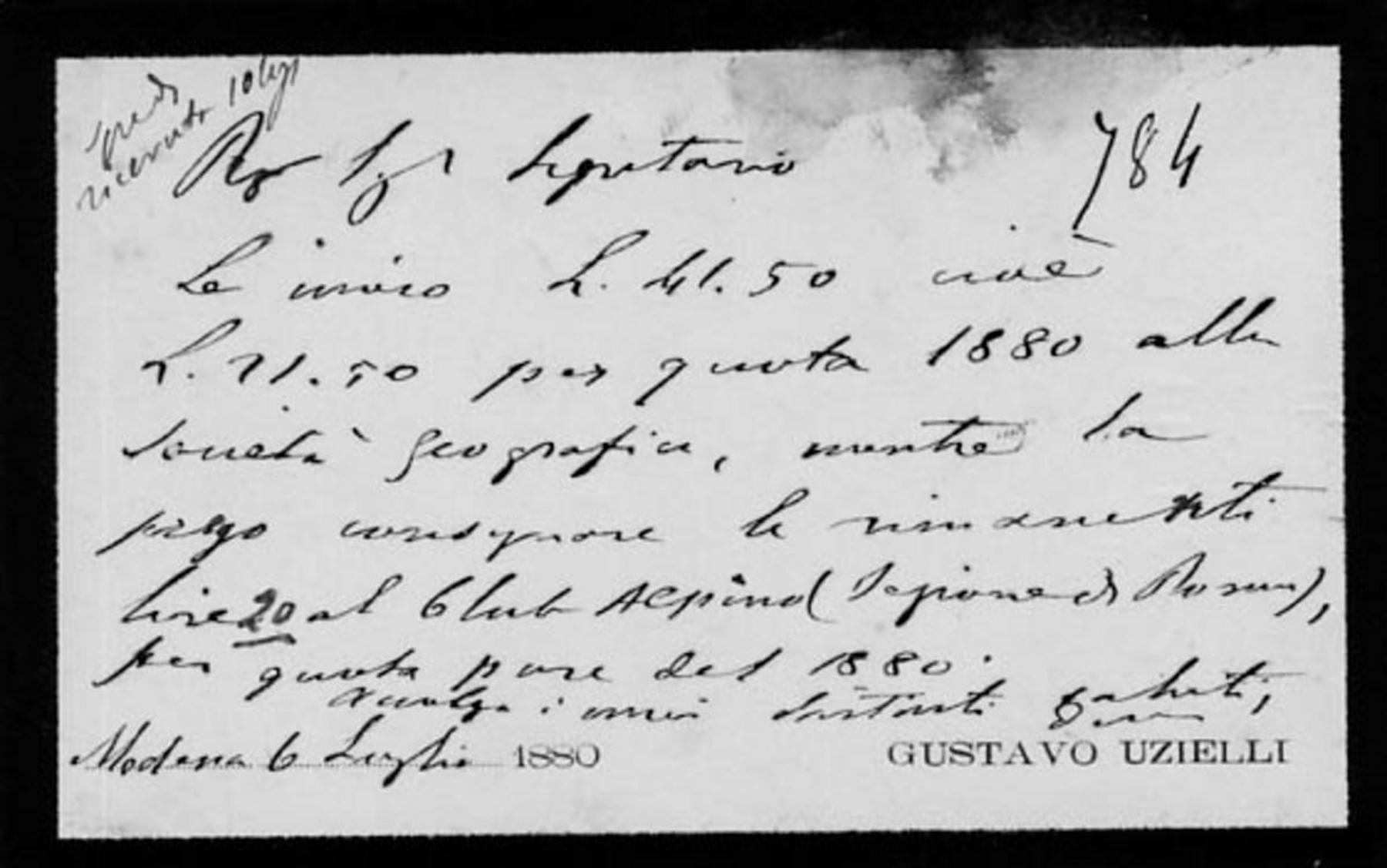 Biglietto di Gustavo Uzielli 6.7.1880