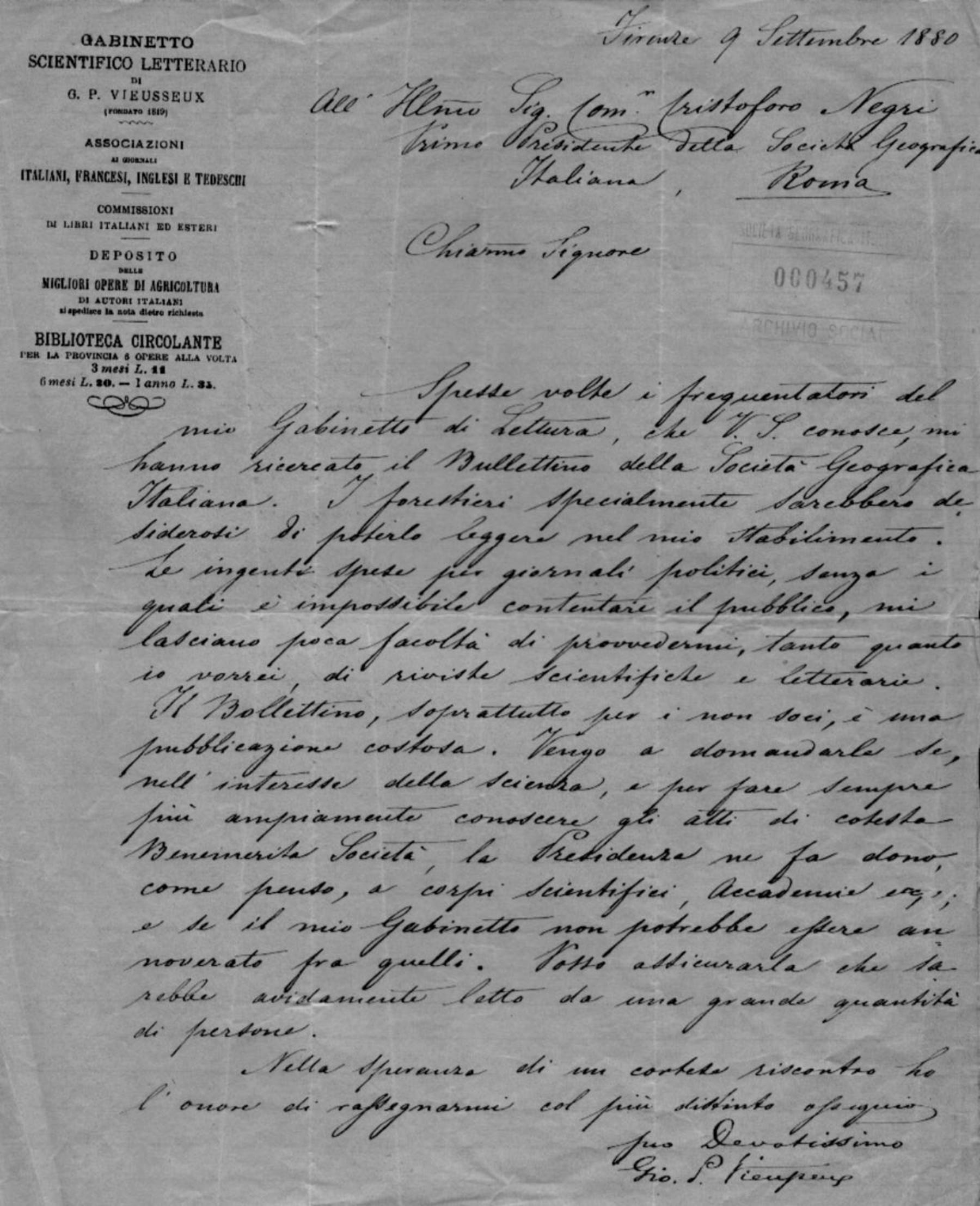 Lettera di Giovanni Pietro Vieusseux 9.9.1880