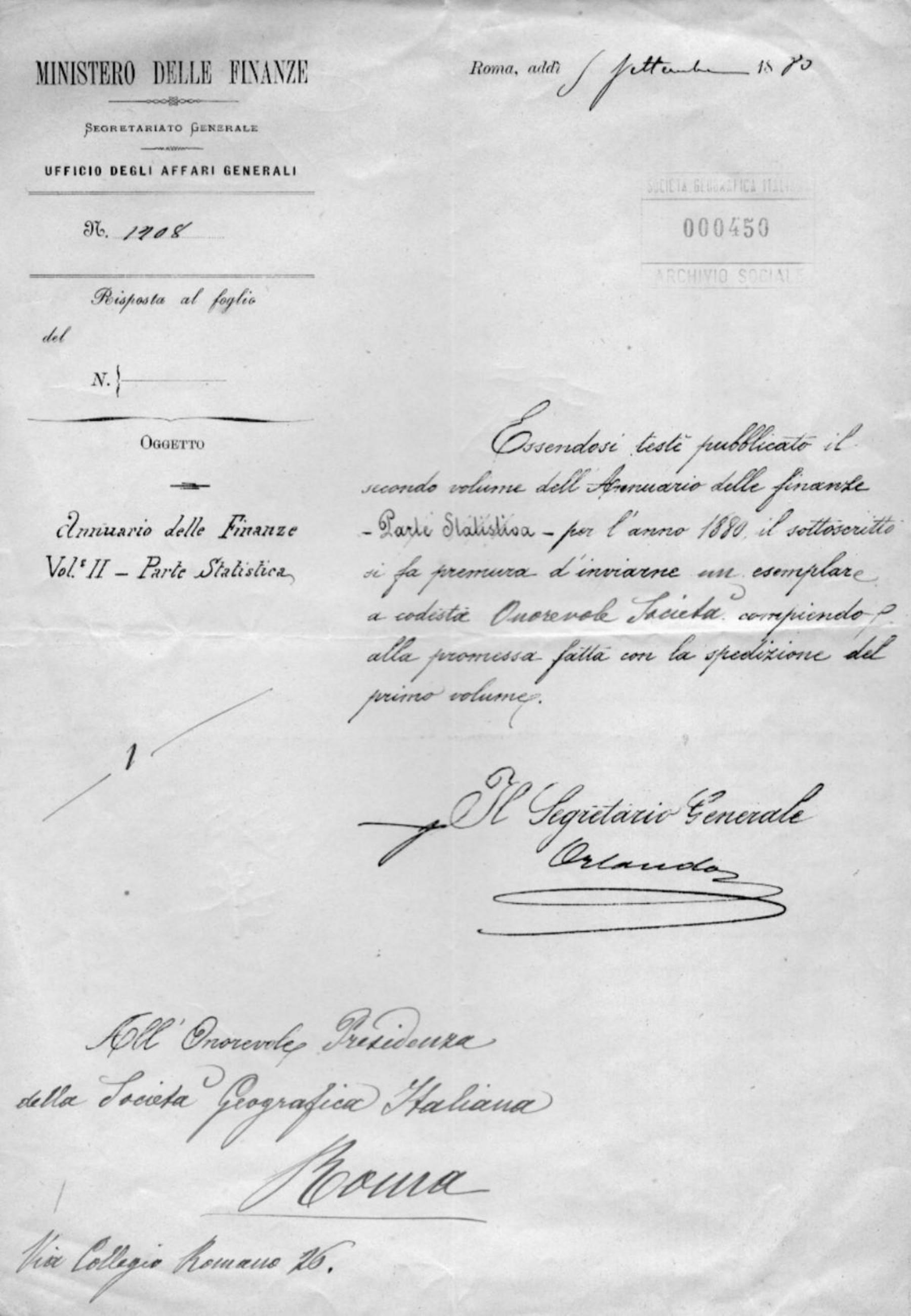 Lettera di Giuseppe Orlando 5.9.1880