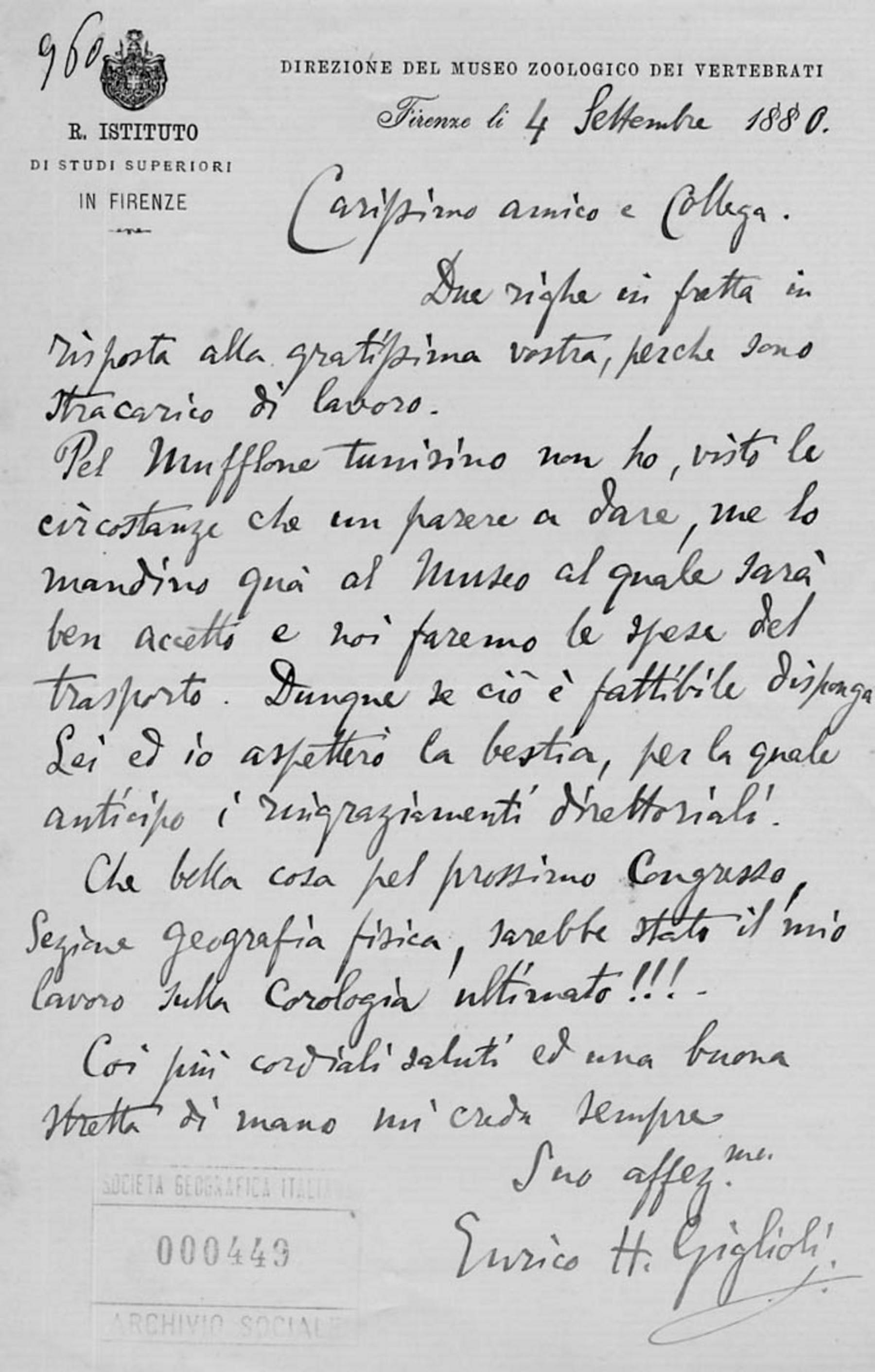 Corrispondenza di Enrico Giglioli Hillyer 4.9.1880-25.10.1880
