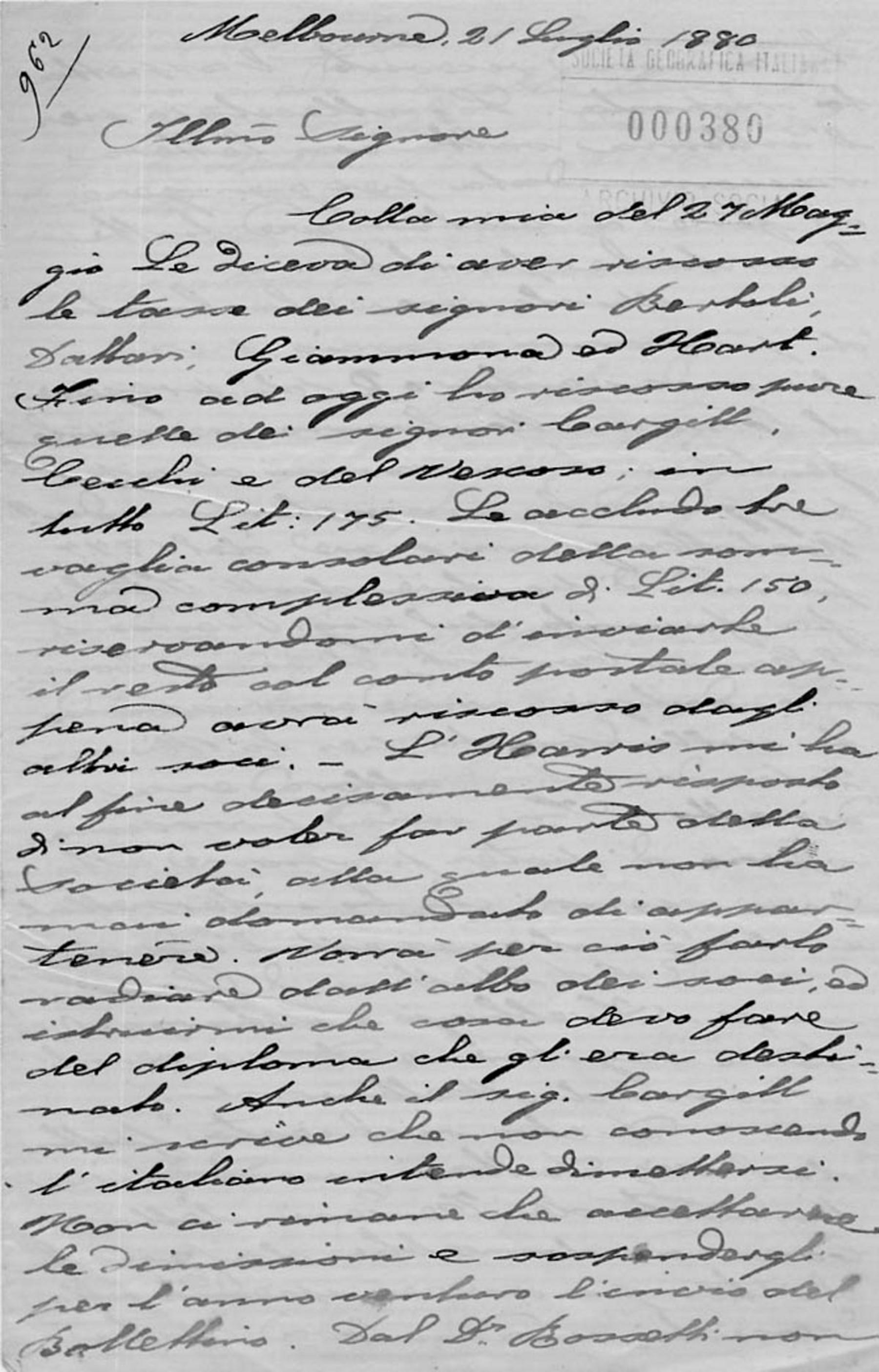 Lettera di Ferdinando Gagliardi Sforza 21.7.1880