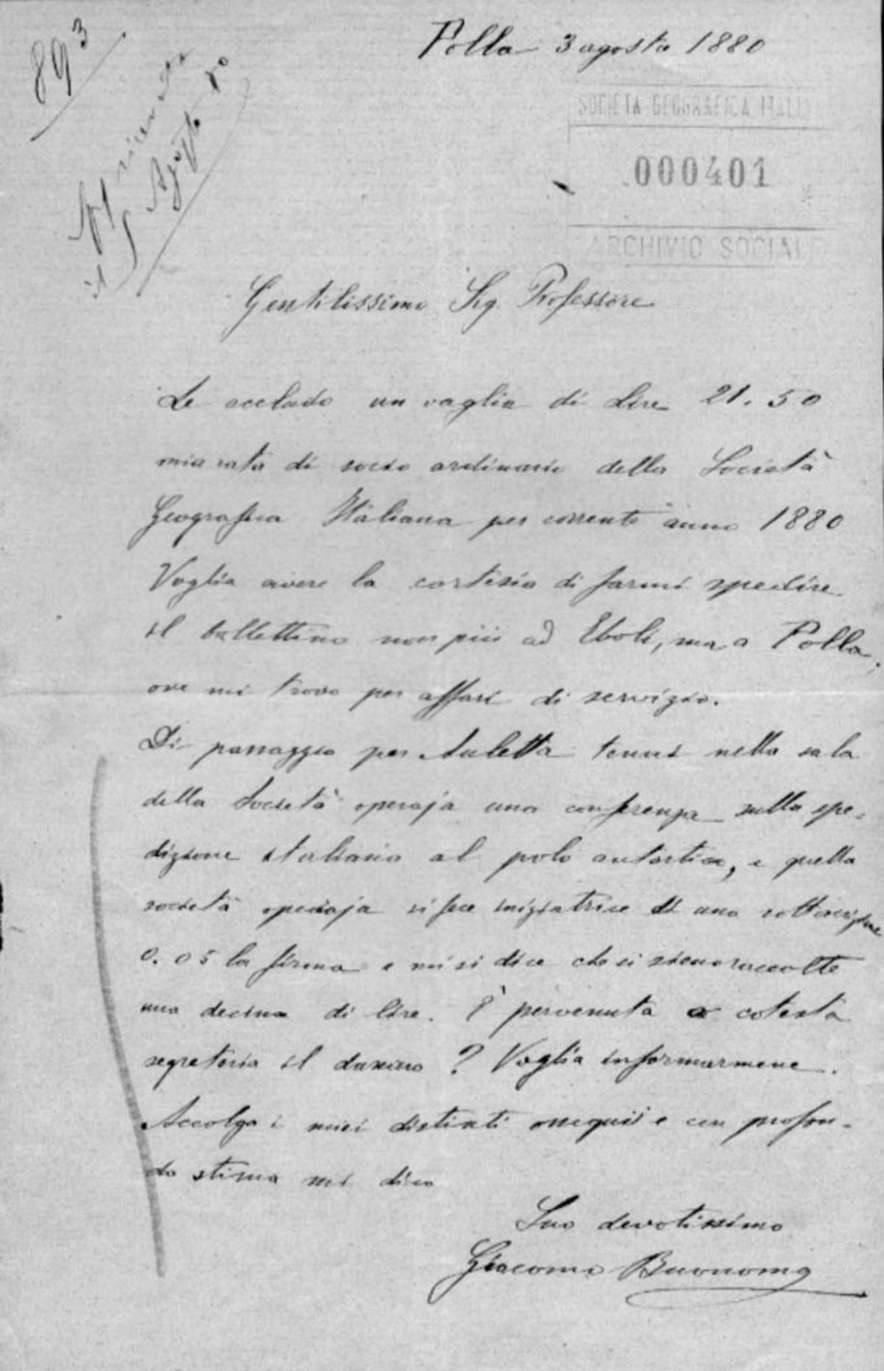 Lettera di Giacomo Buonomo 3.8.1880
