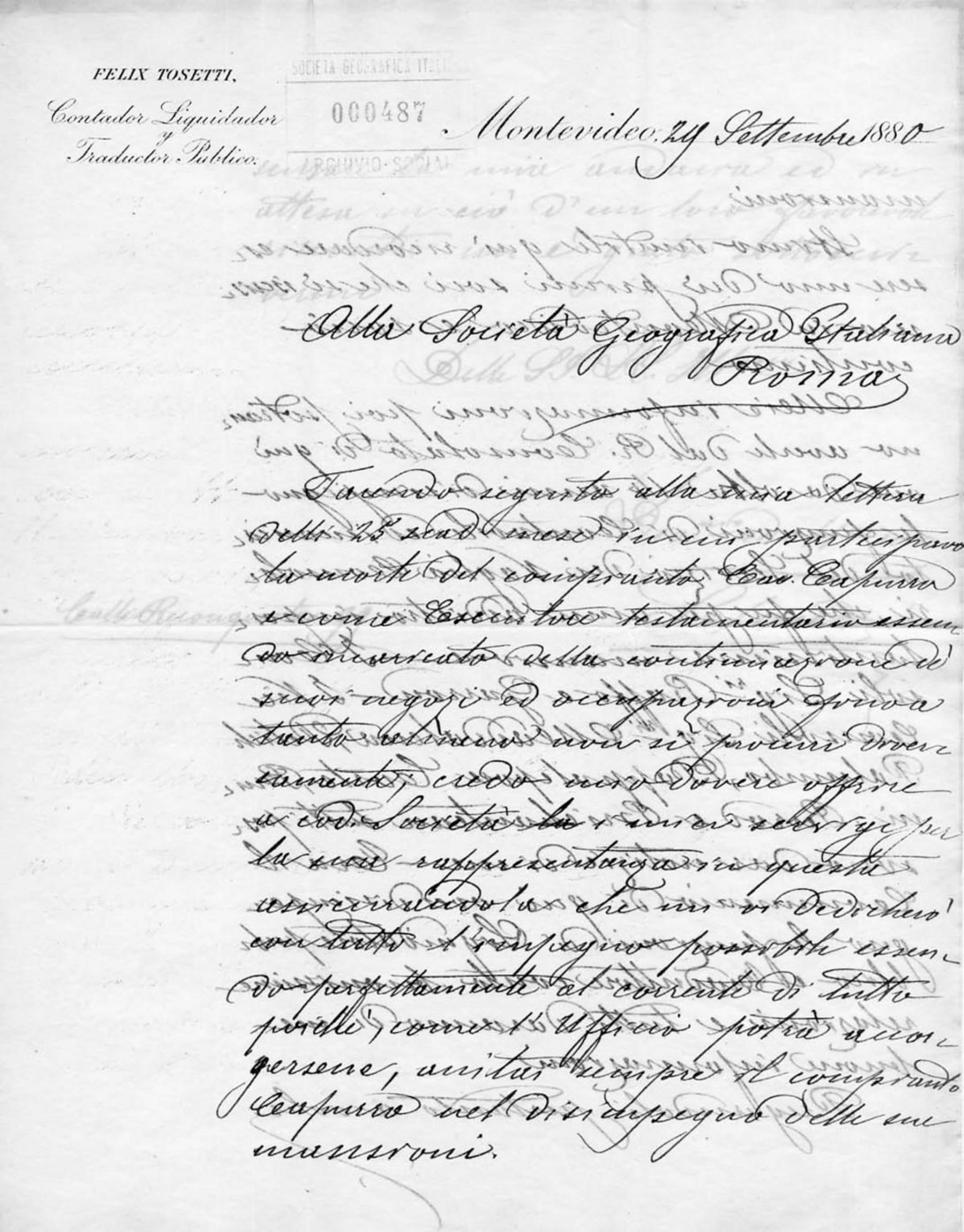 Lettera di Felix Tosetti 29.9.1880