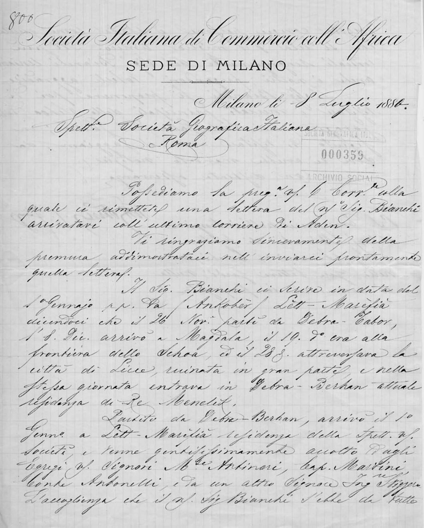 Corrispondenza della Società italiana di commercio coll'Africa 8.7.1880-15.11.1880