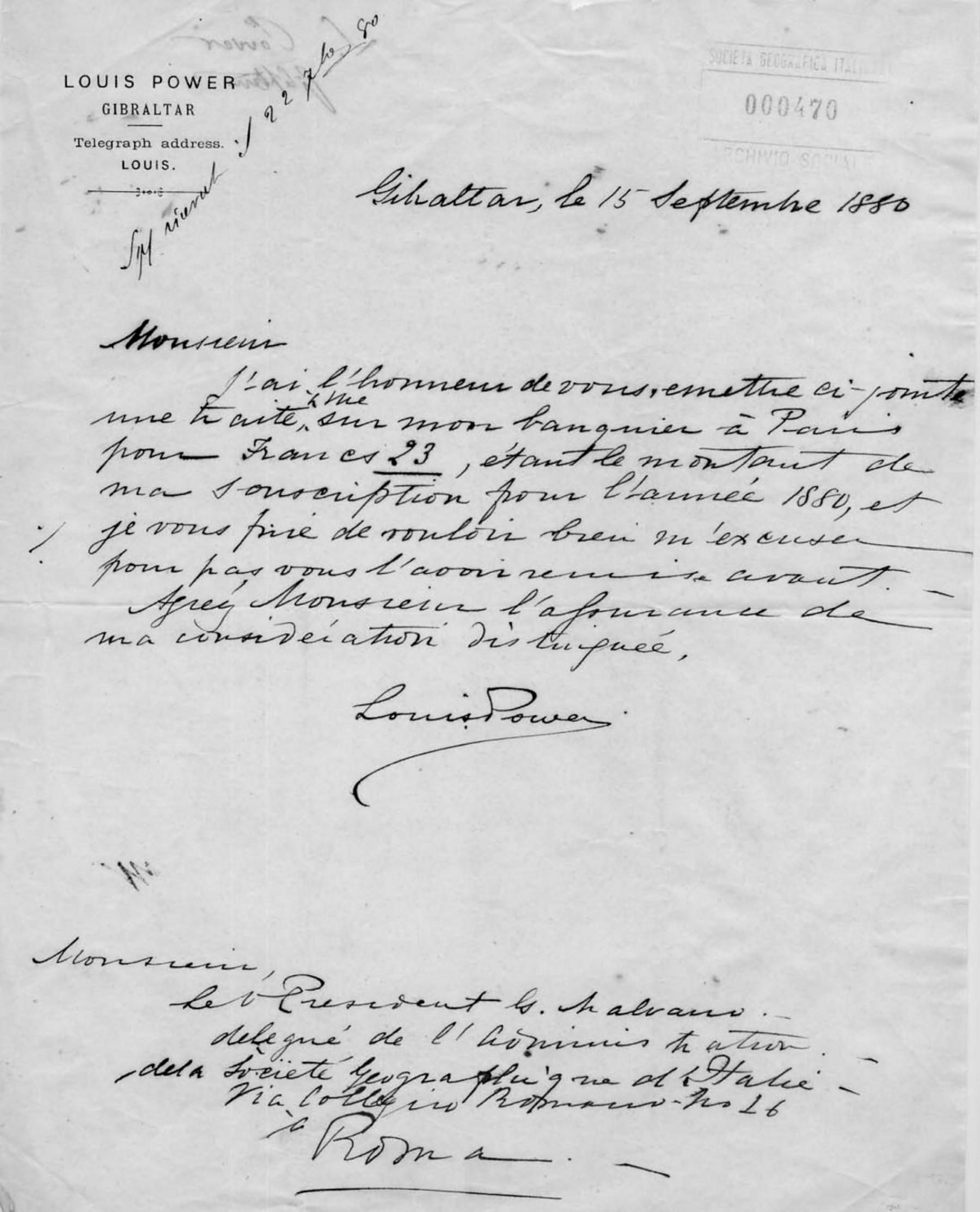 Lettera di Louis Power 15.9.1880