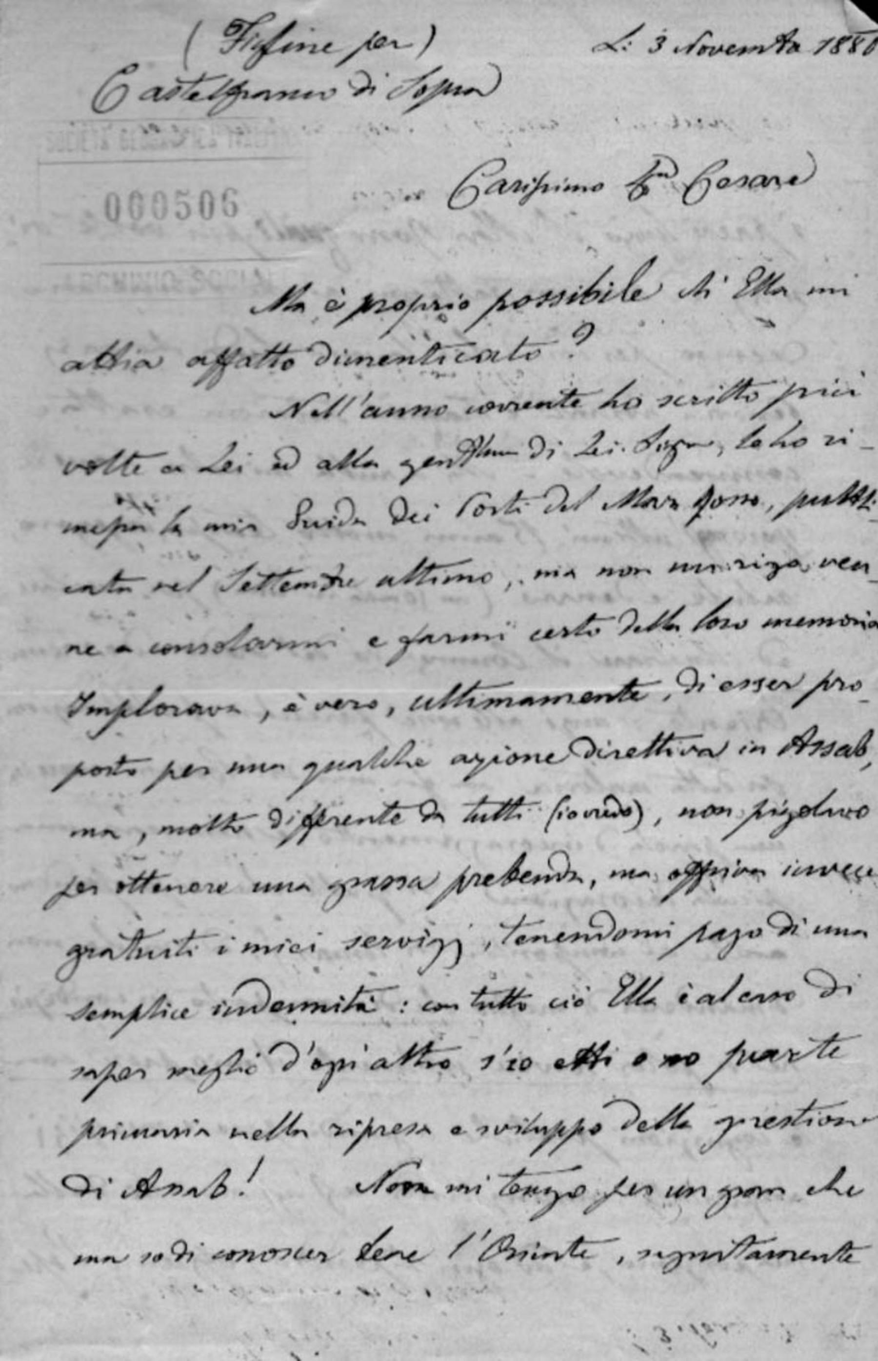 Lettera di Giovanni Battista Beccari 3.11.1880