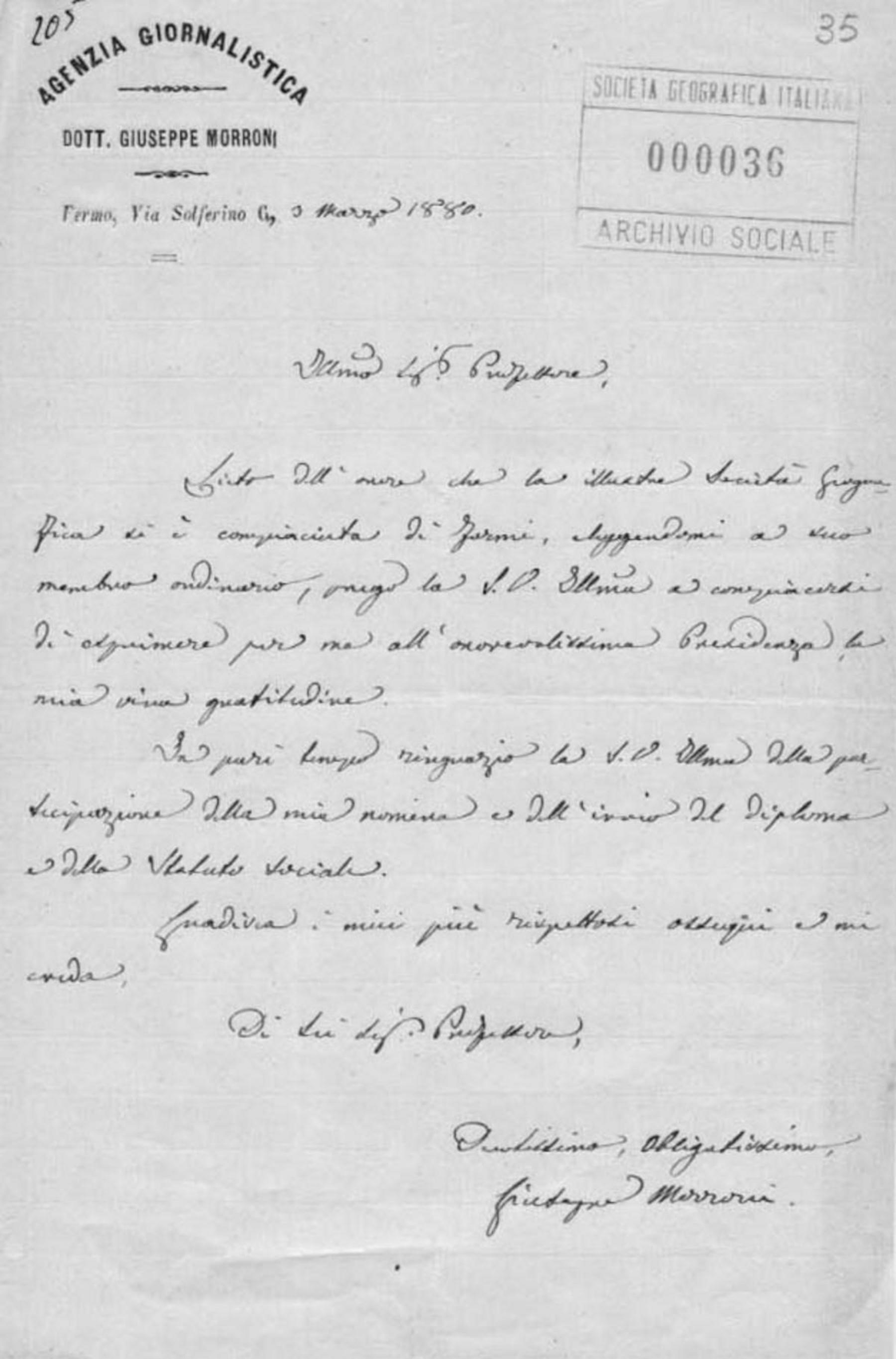 Lettera di Giuseppe Morroni 3.3.1880