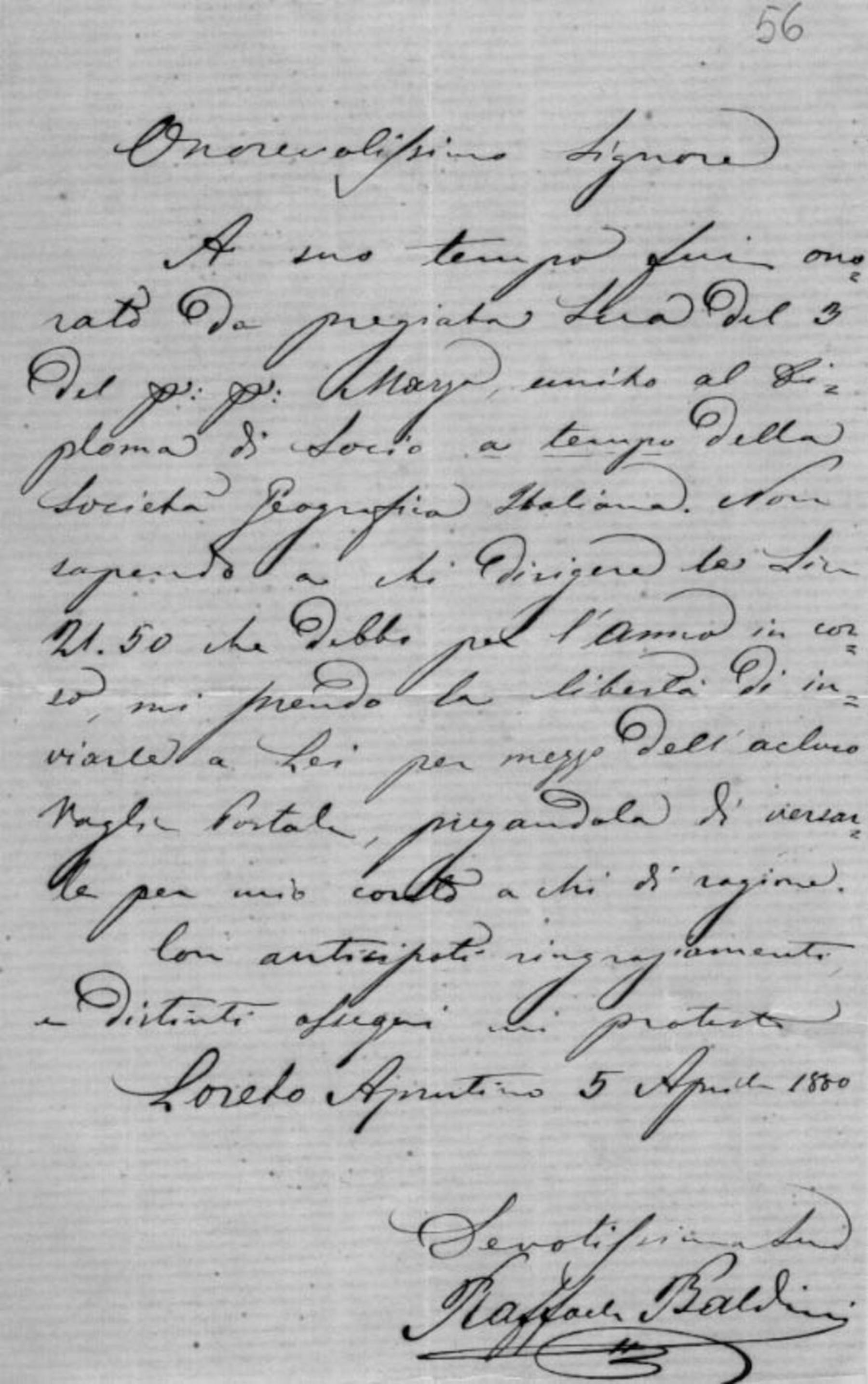 Lettera di Raffaele Baldini 5.4.1880