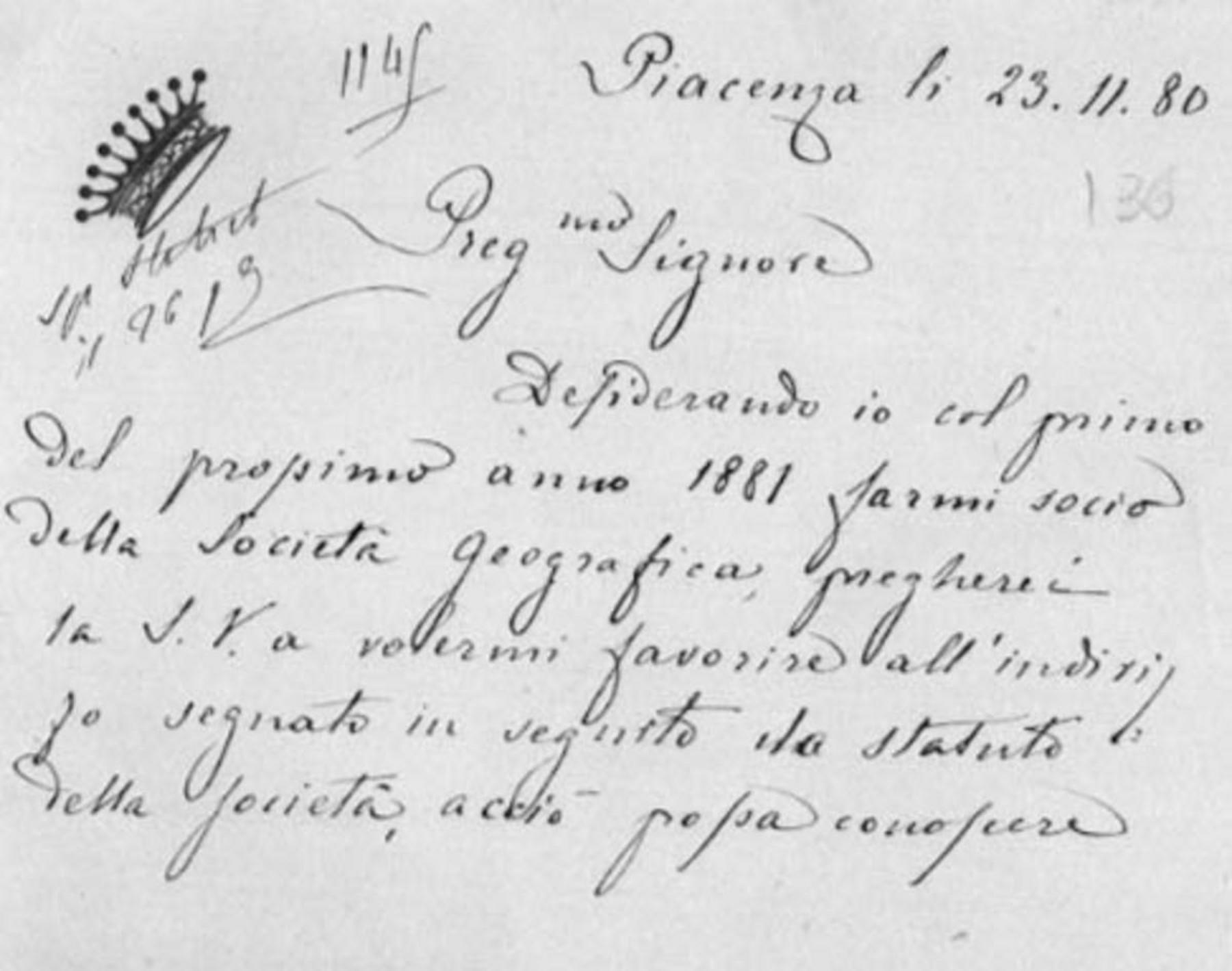 Biglietto di Angelo Petitti di Roreto 23.11.1880