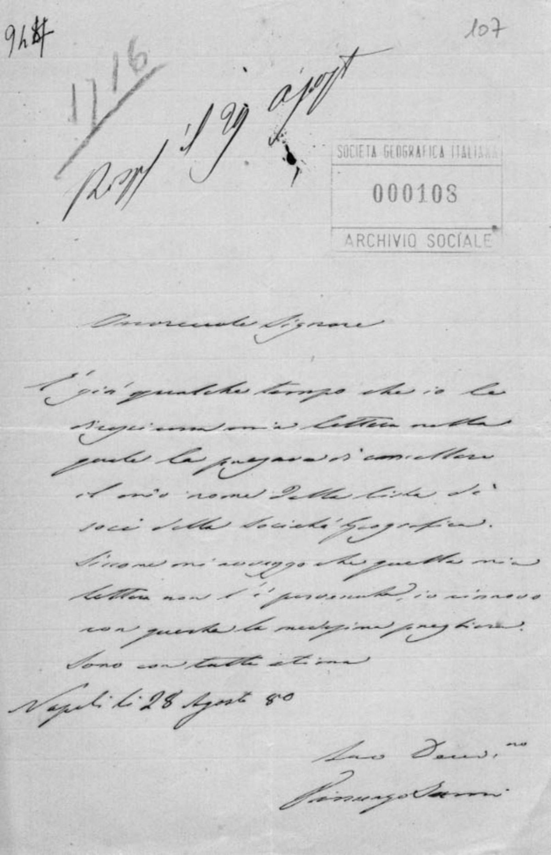 Lettera di Vincenzo Ianni 28.8.1880