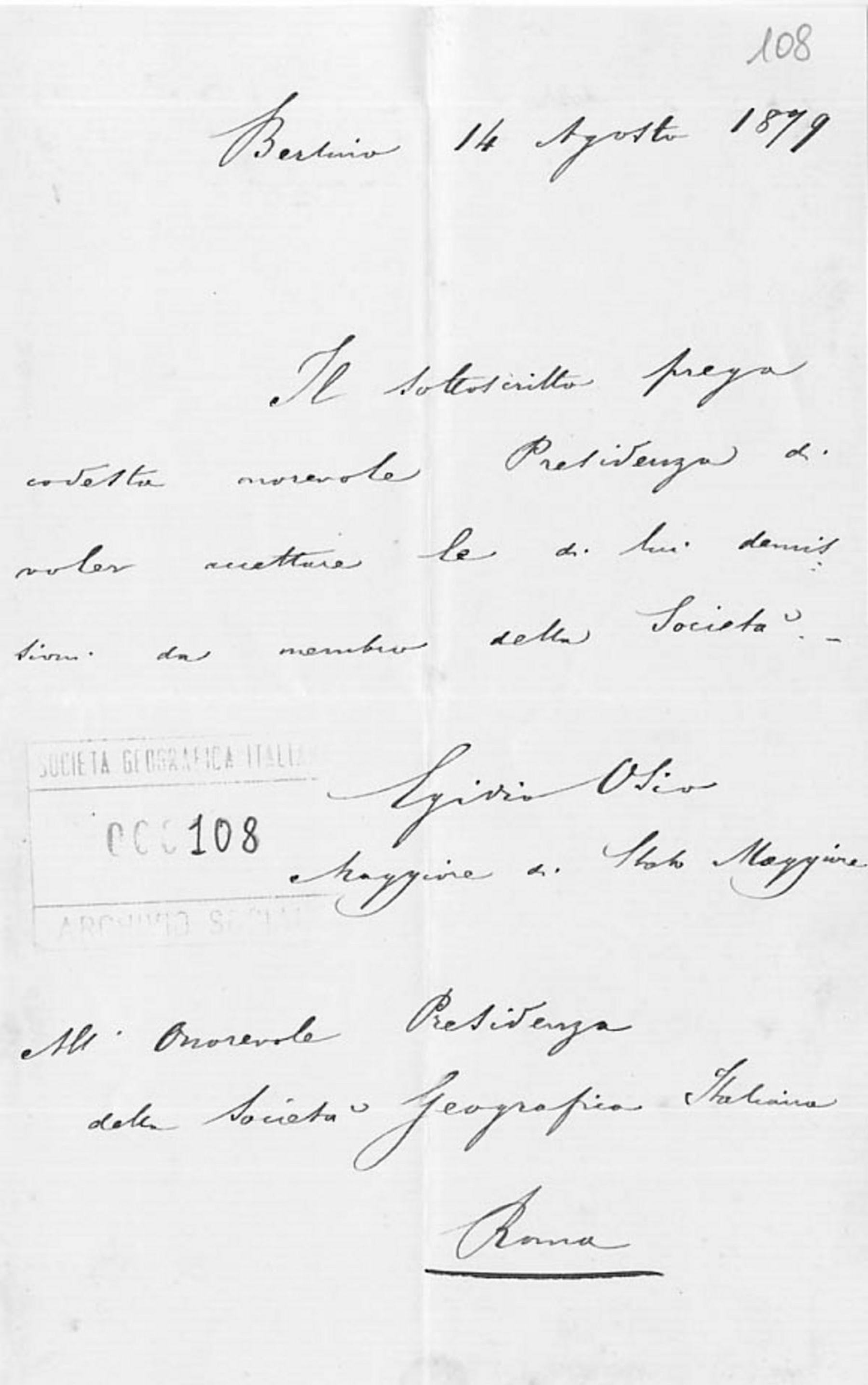 Lettera di Egidio Osio 14.8.1879
