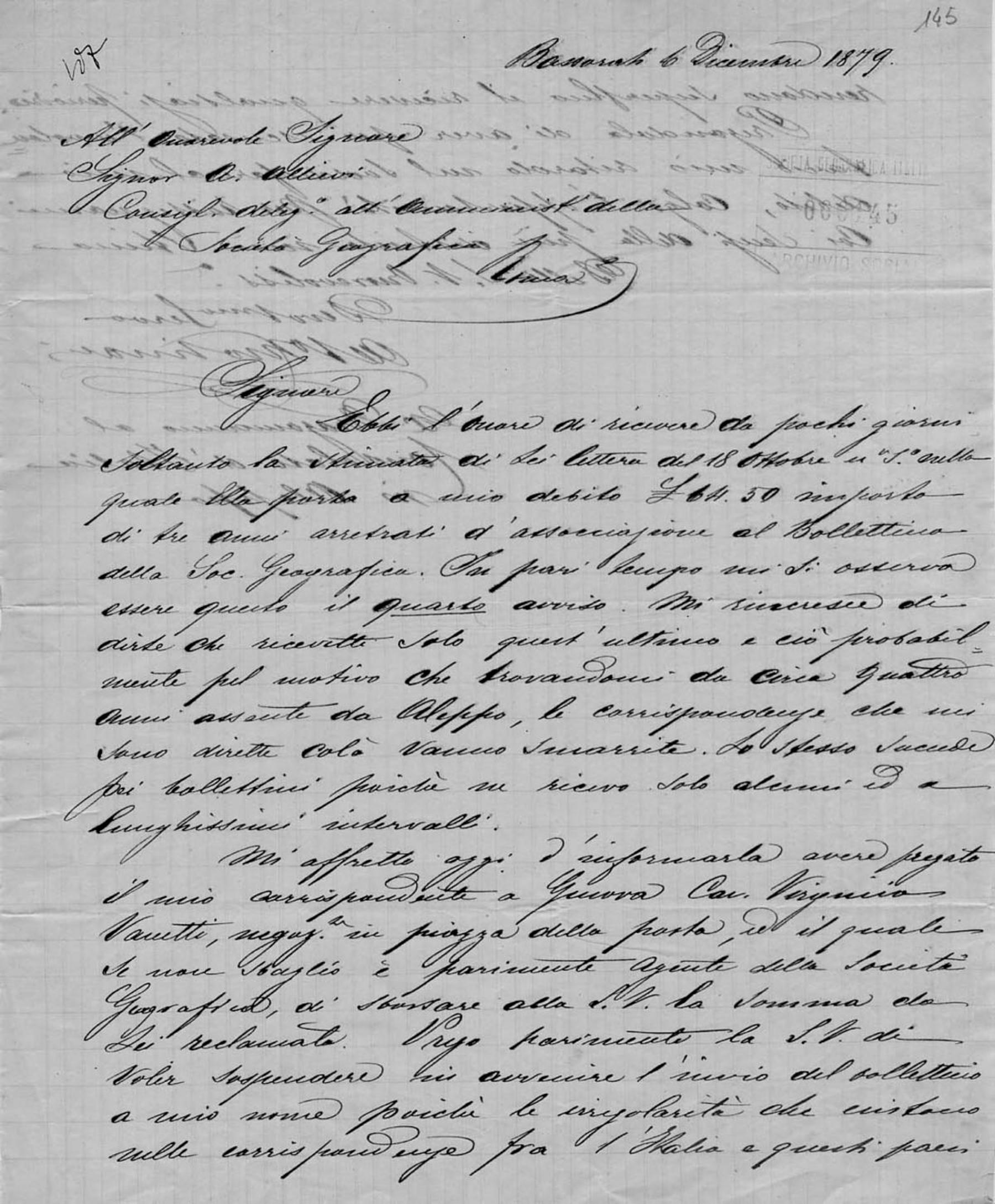 Lettera di Alberto Molinari 6.12.1879