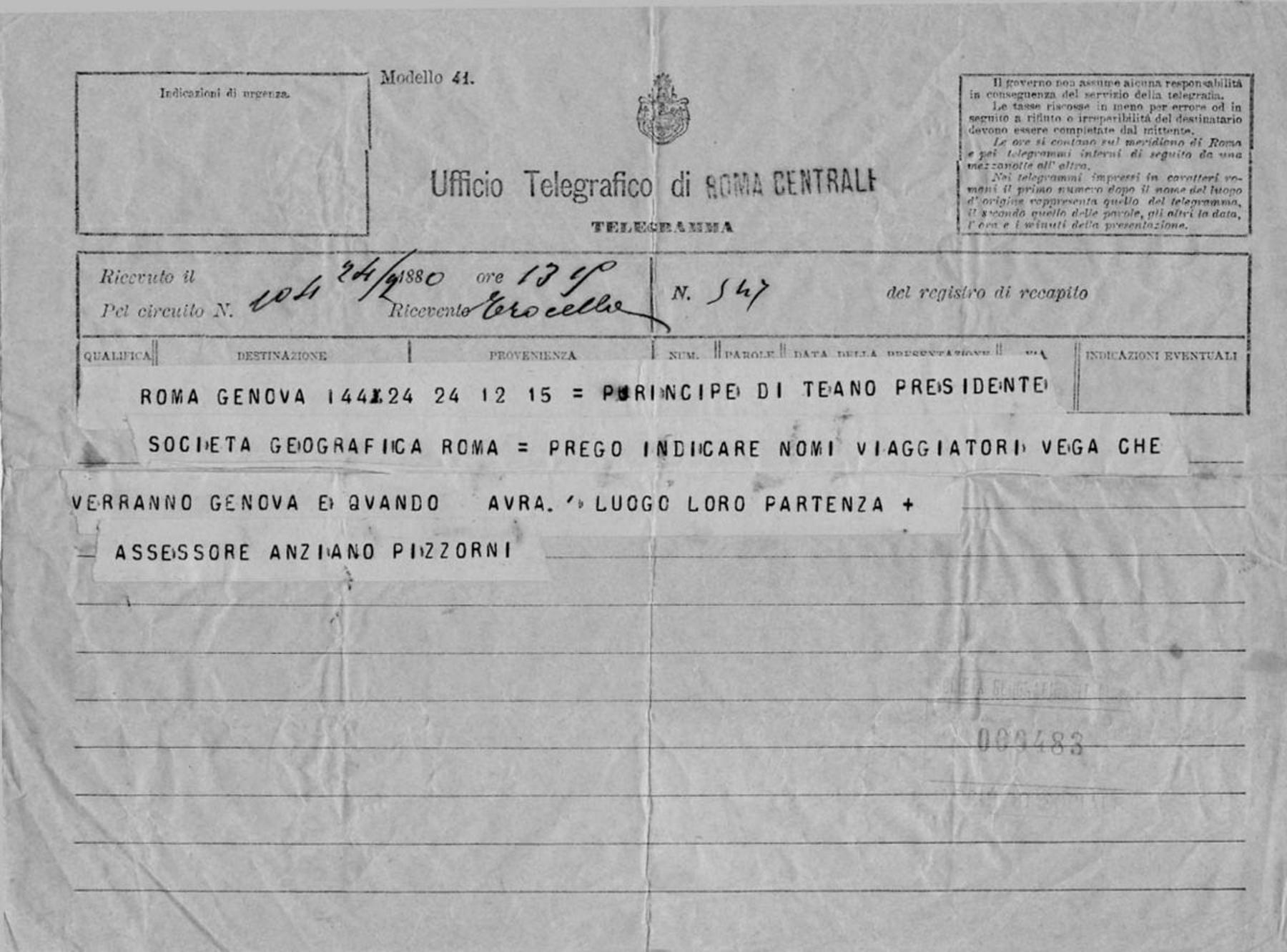 Telegramma di Pizzorni 24.9.1880