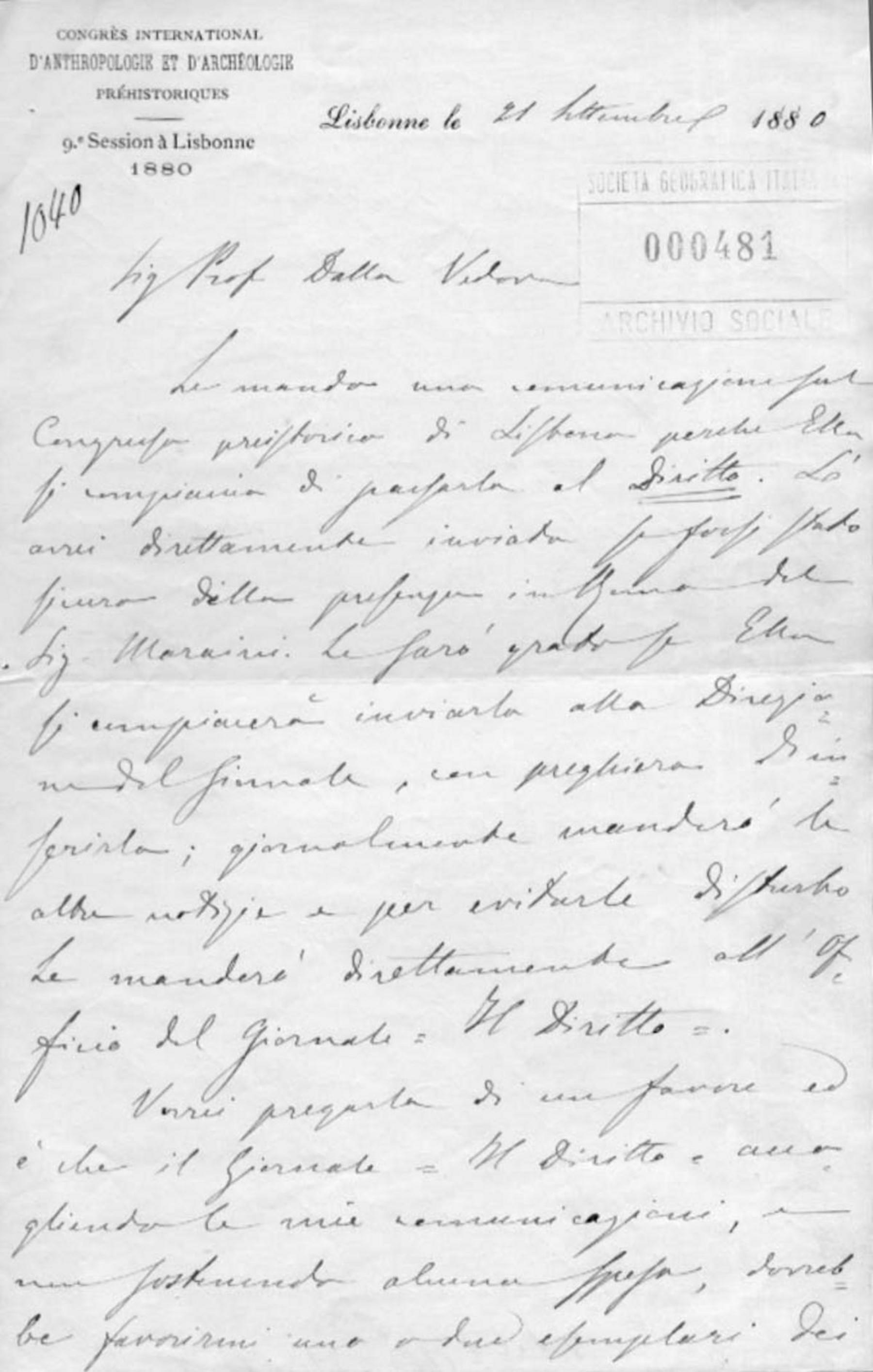 Lettera del Congrès international d'anthropologie et d'archéologie préhistorique 21.9.1880