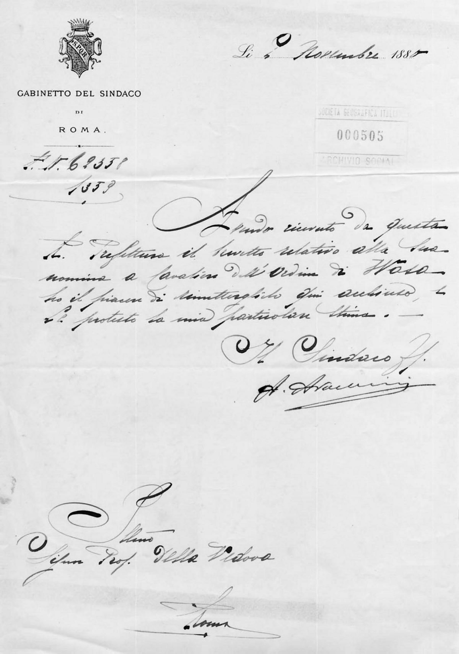 Lettera di Augusto Armellini 9.11.1880