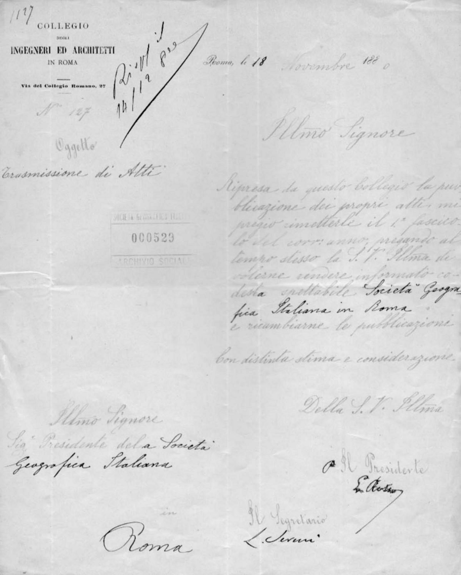 Lettera del Collegio degli ingegneri ed architetti 18.11.1880