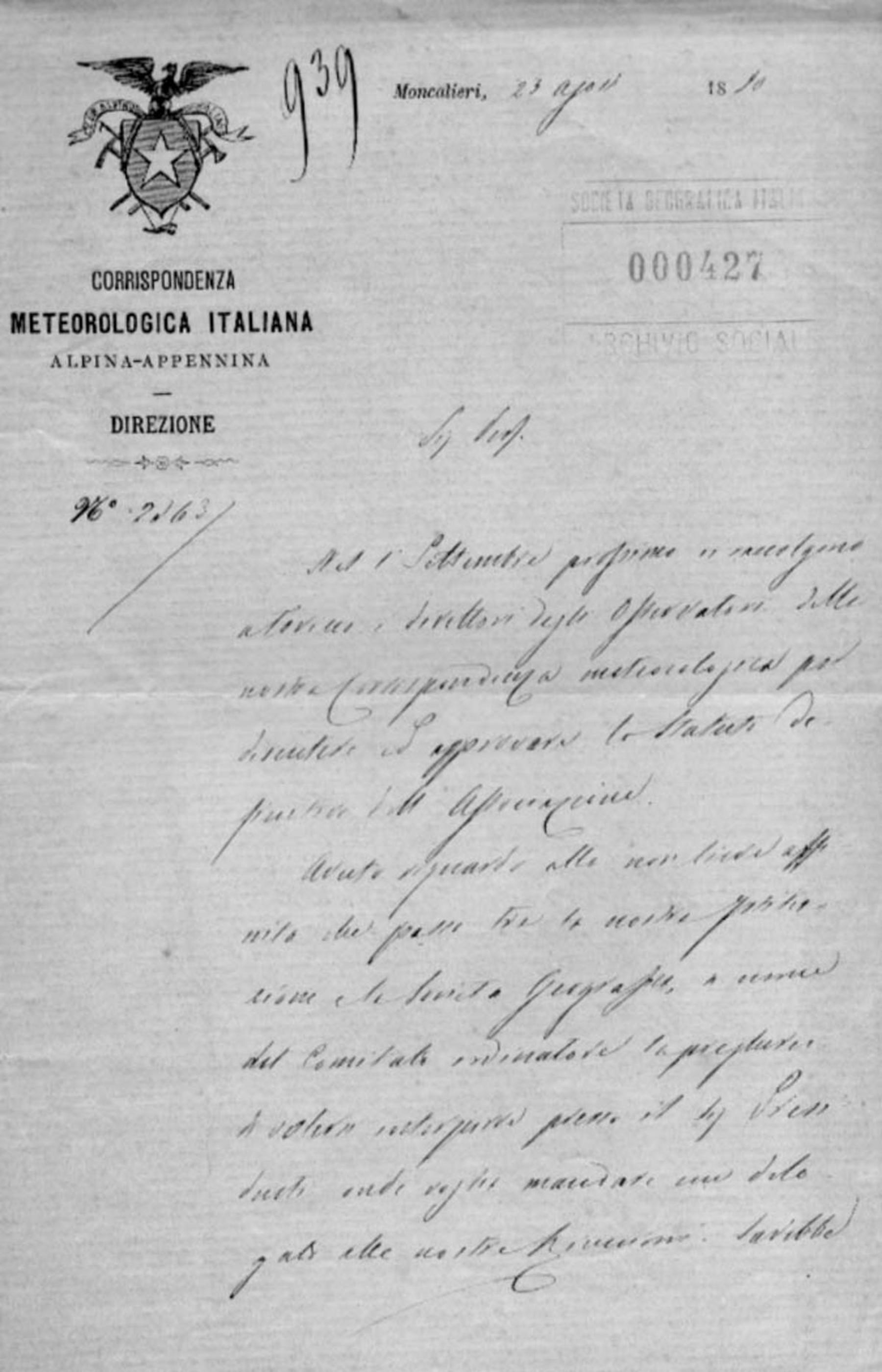 Lettera di Francesco Denza 23.8.1880