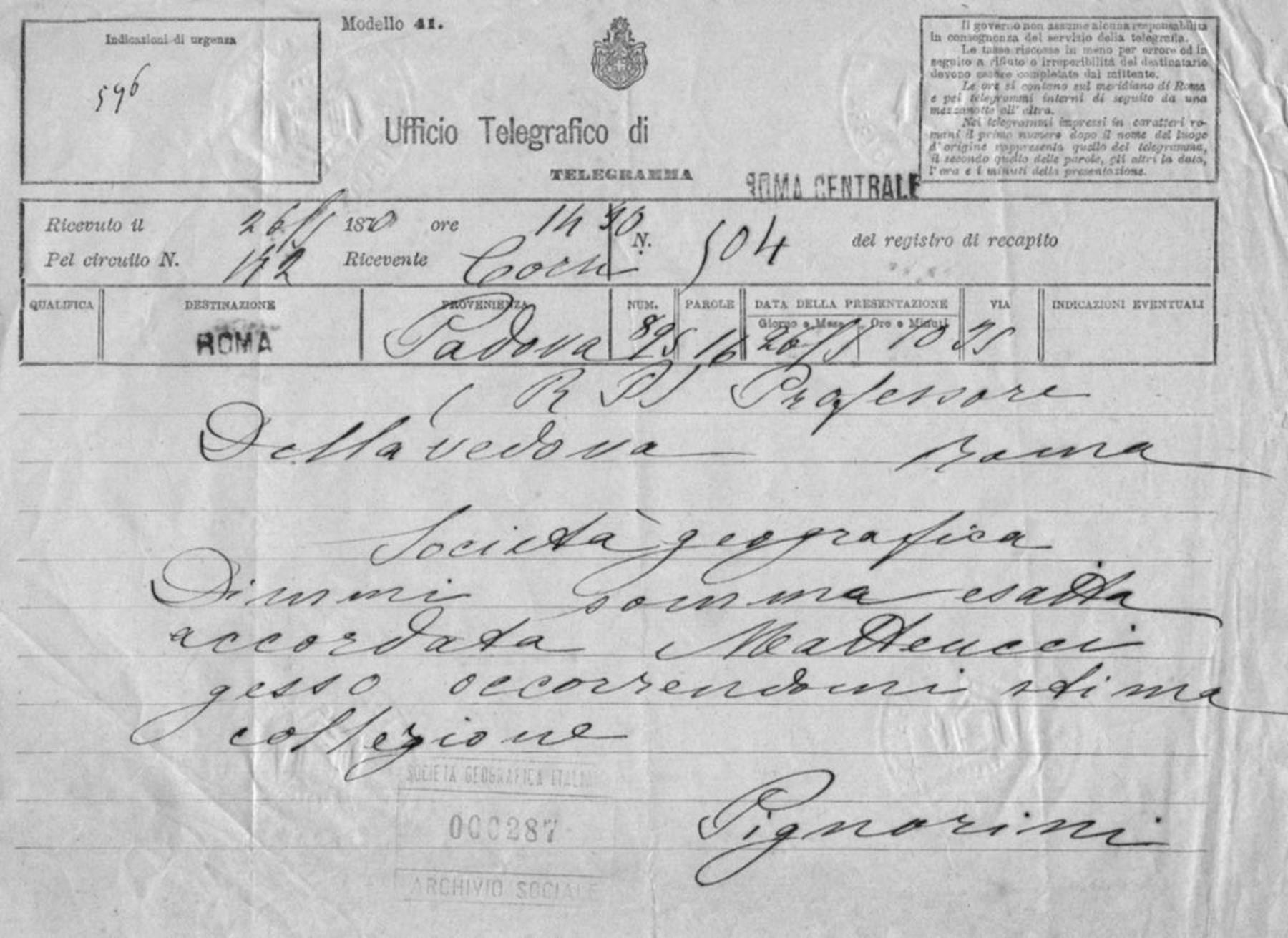 Telegramma di Pignorini 26.5.1880