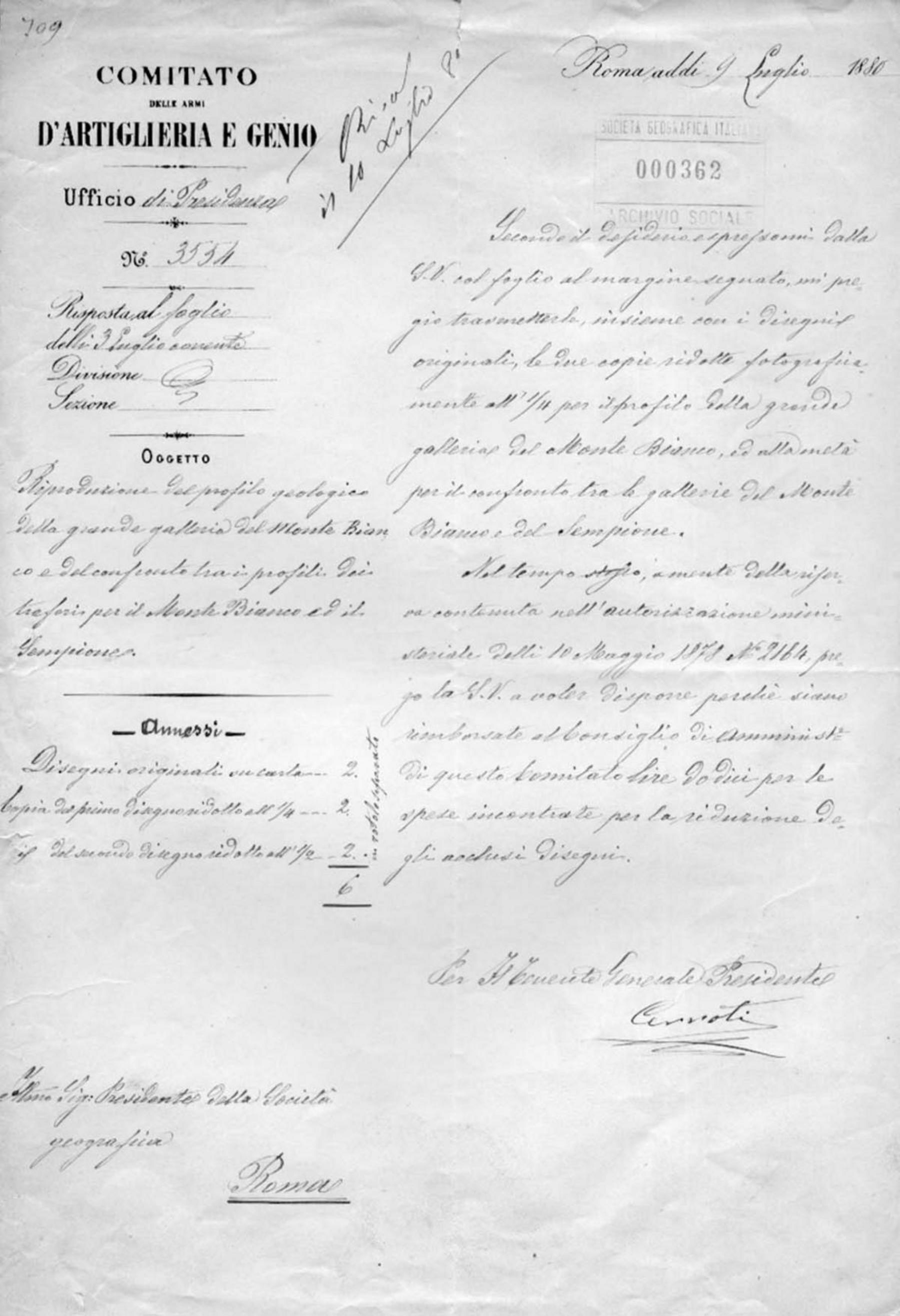 Lettera del Comitato delle armi d'artiglieria e genio 9.7.1880