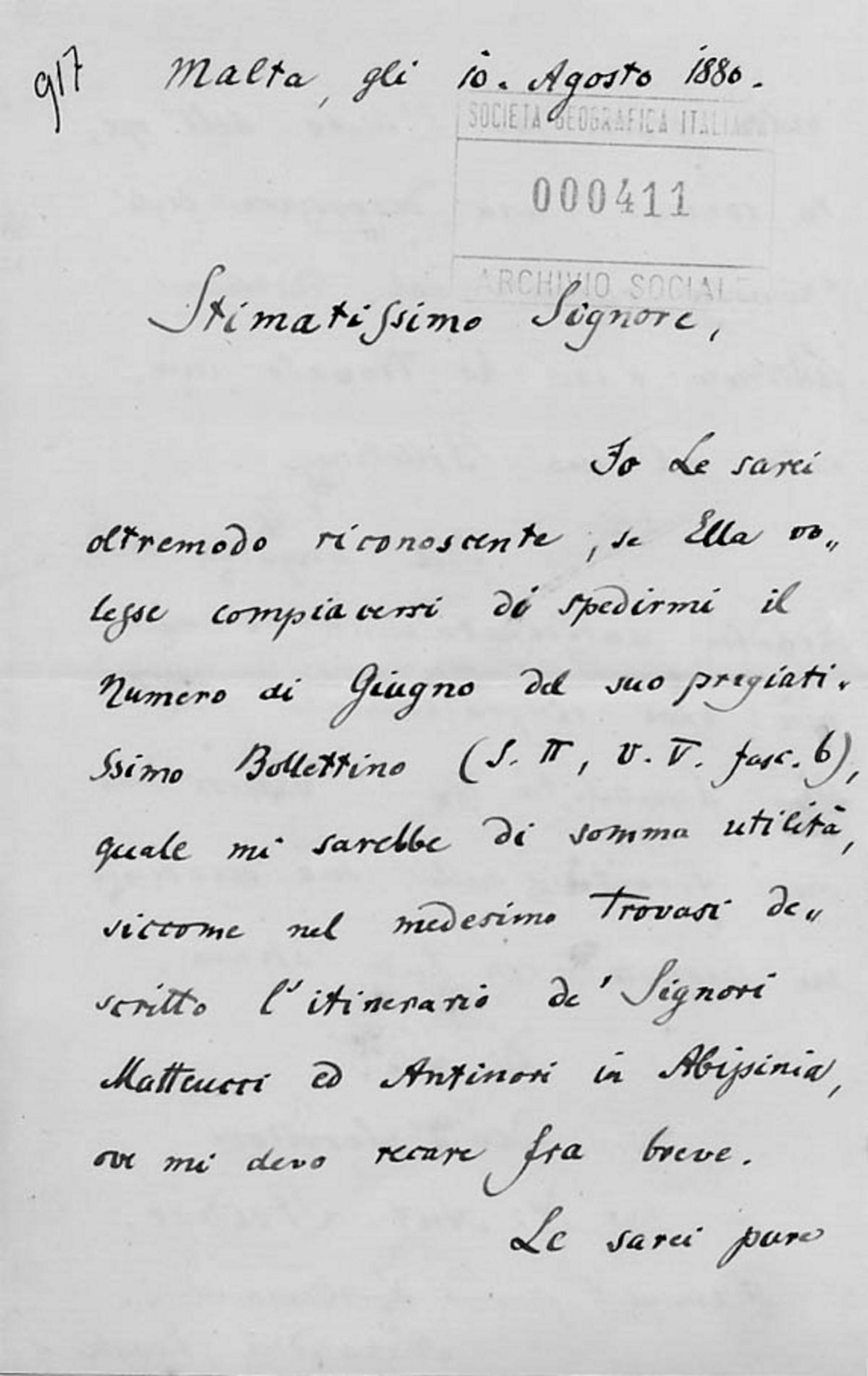 Lettera di Non identificato 10.8.1880