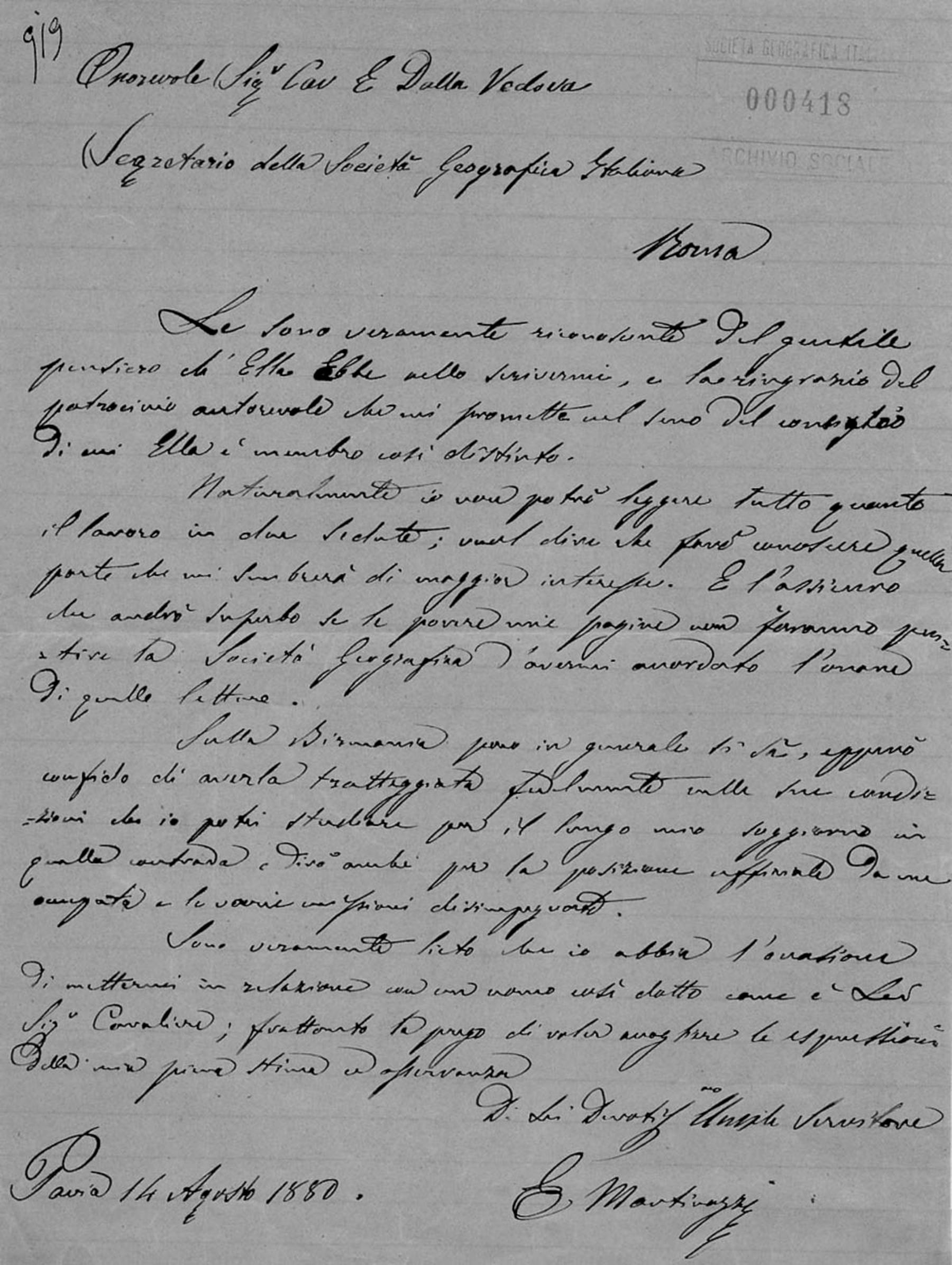 Lettera di Martinazzi 14.8.1880