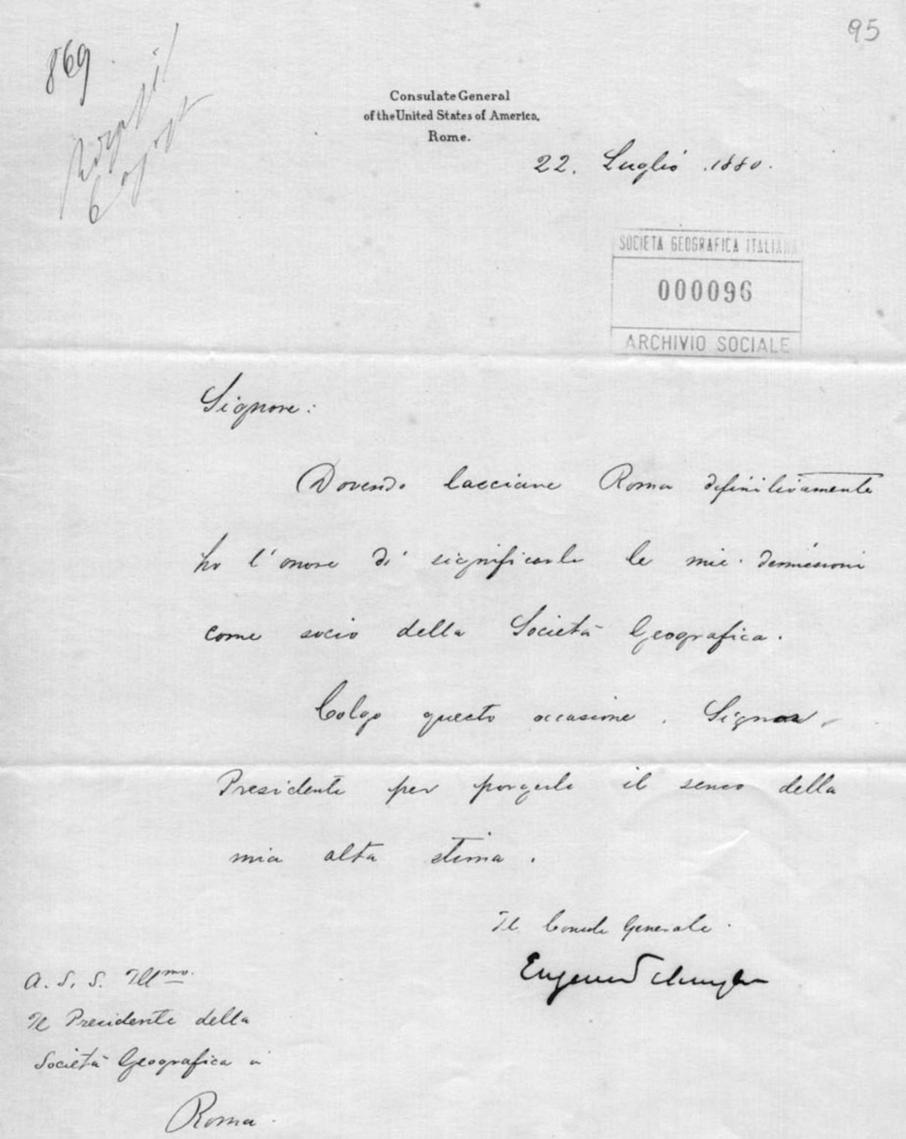 Lettera del Consulate general of the United States of America 22.7.1880