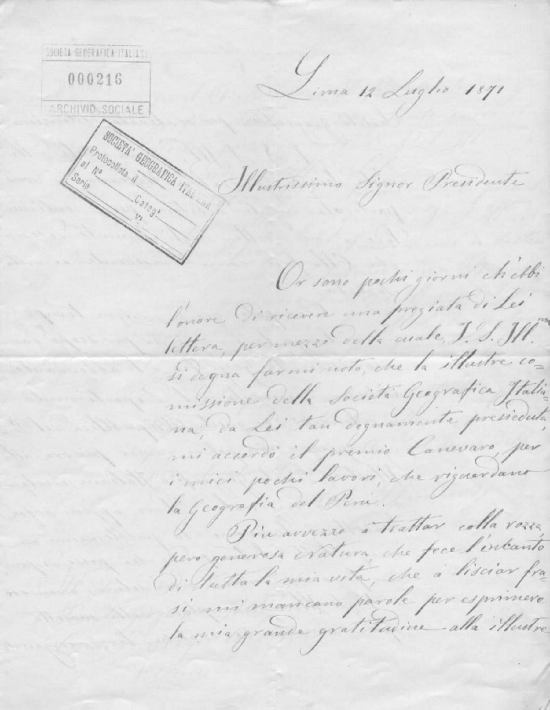 Antonio Raimondi a Cristoforo Negri 12.7.1871