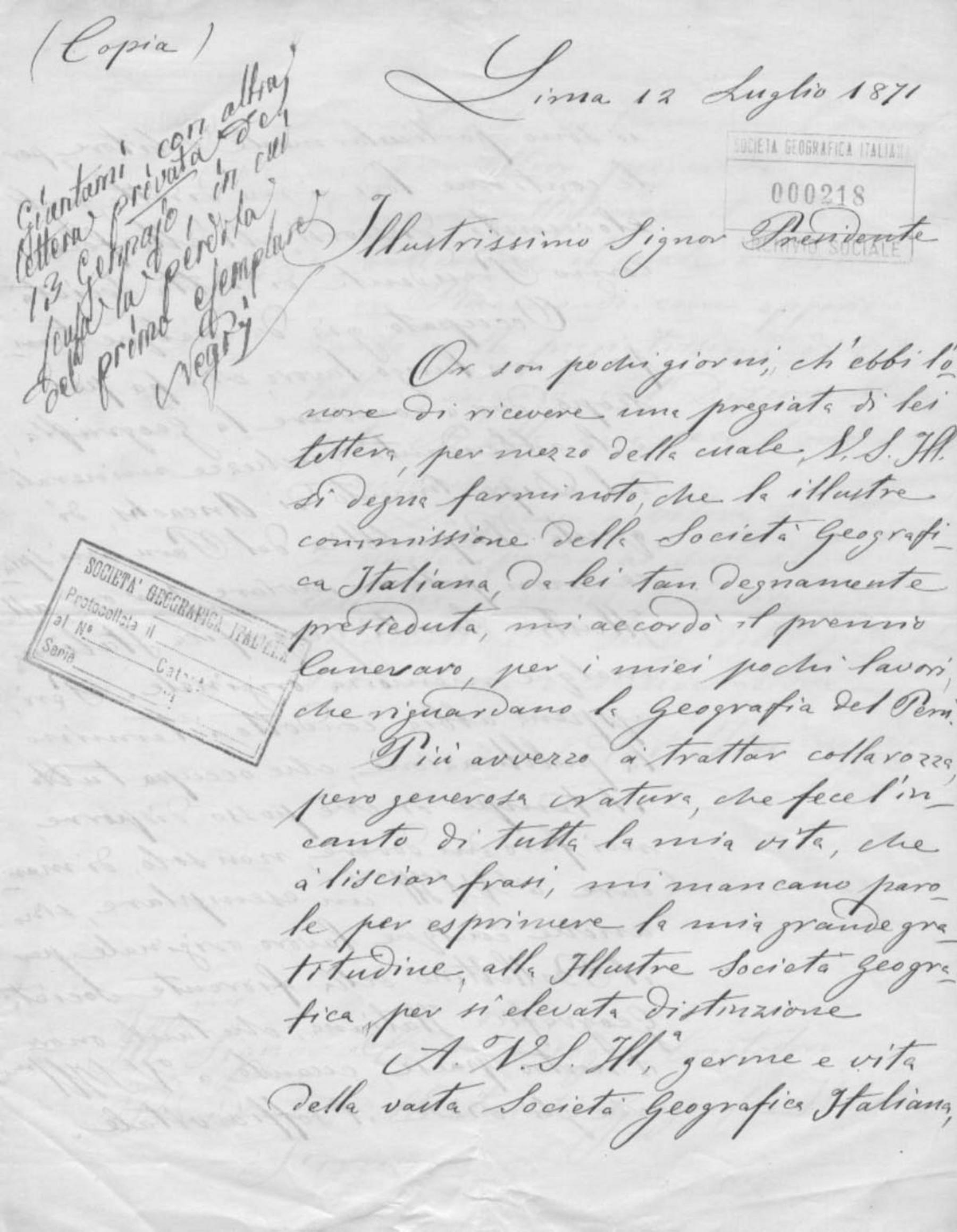 Antonio Raimondi a Cristoforo Negri 12.7.1871