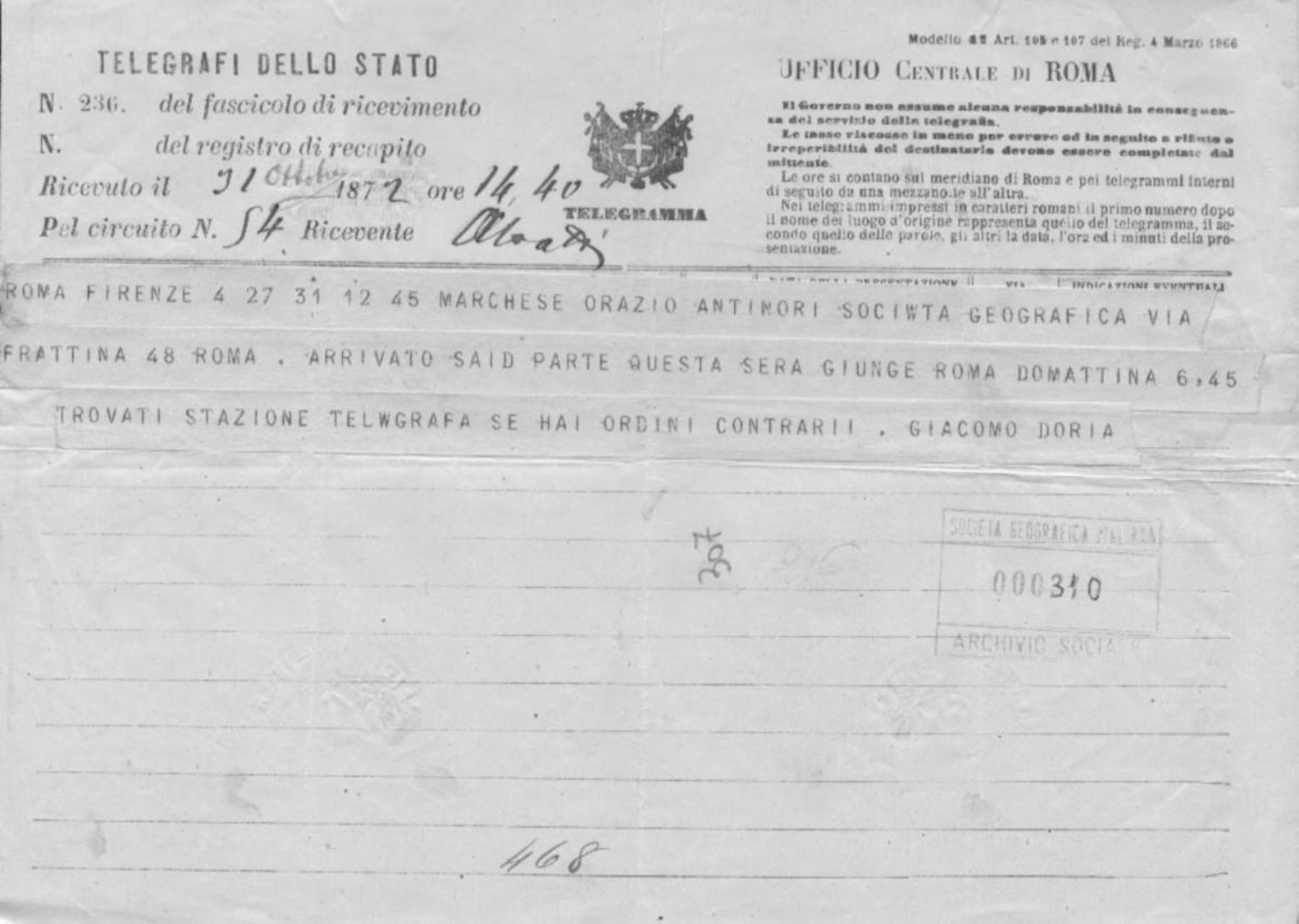 Giacomo Doria a Orazio Antinori 31.10.1872