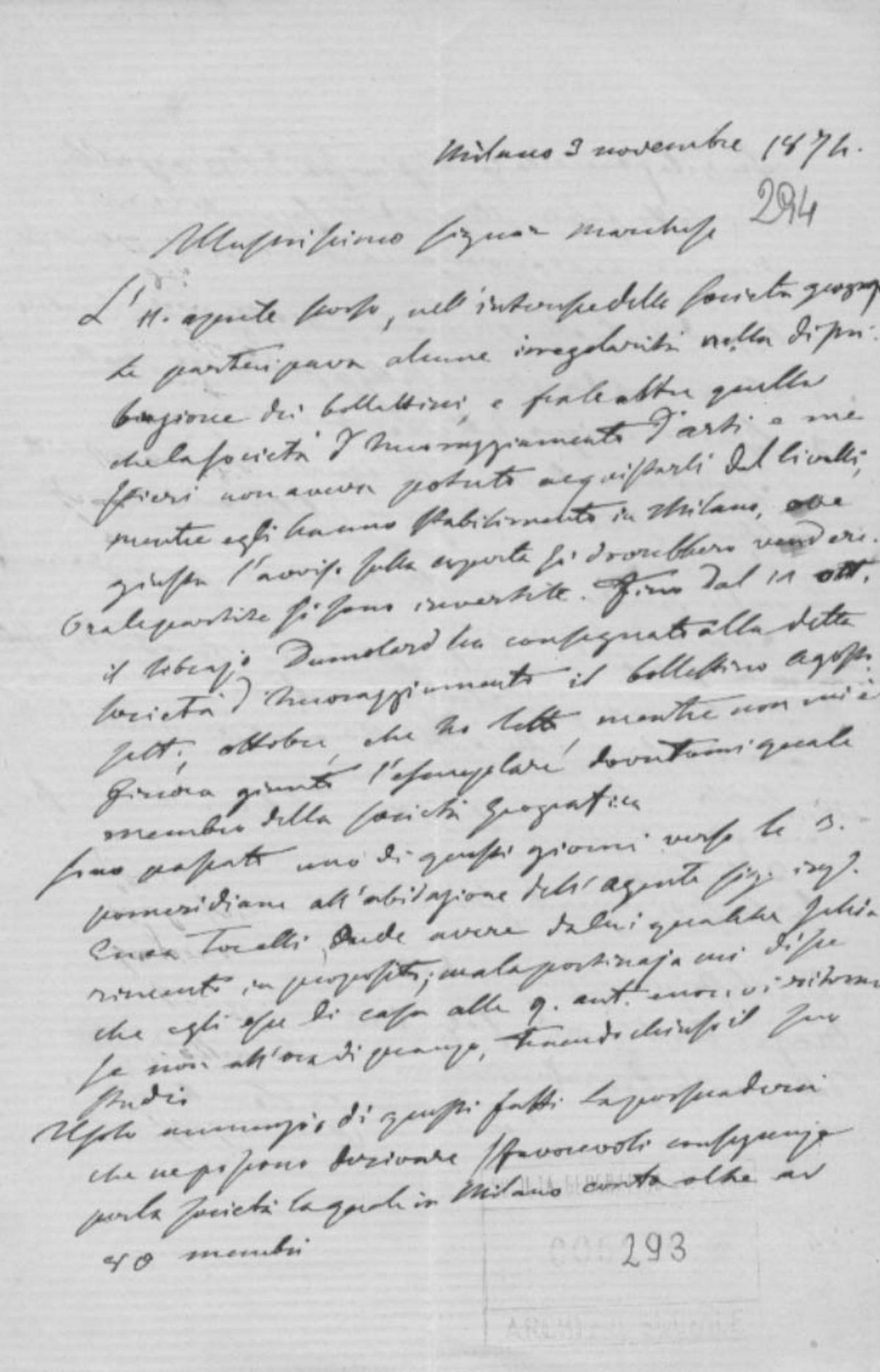 Elia Lombardini a Orazio Antinori 3.11.1874