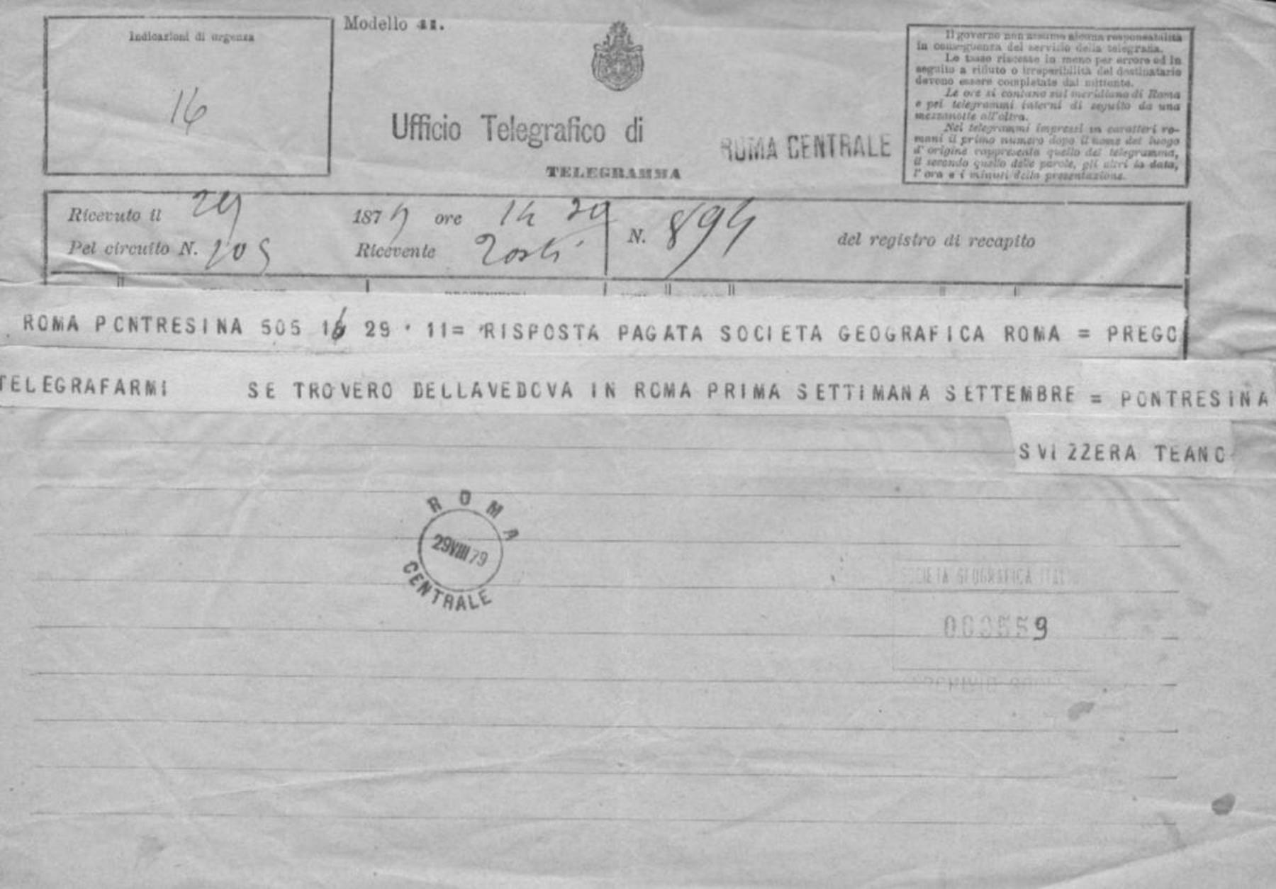 Onorato Caetani a Società geografica italiana 29.8.1879