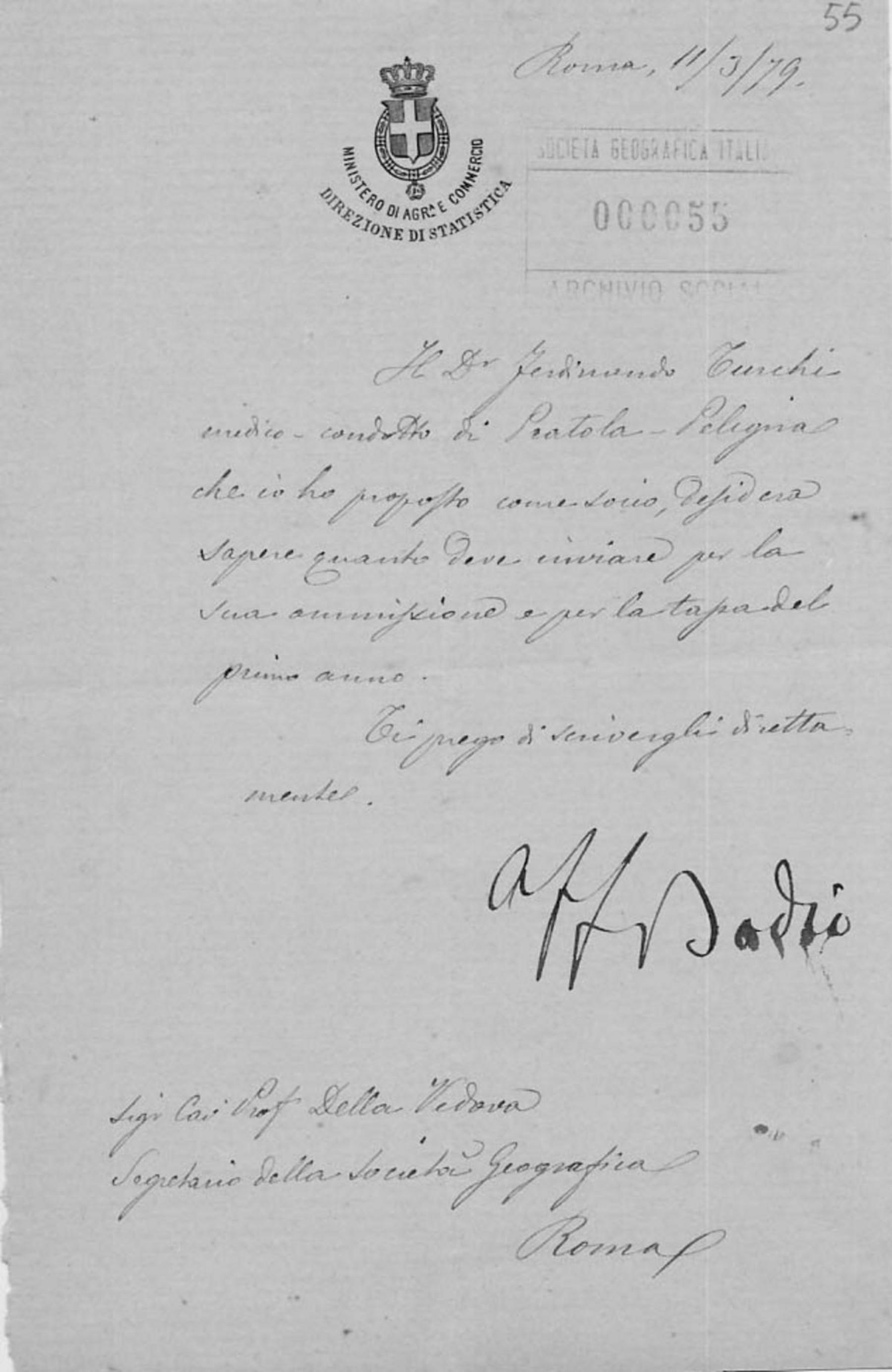 Luigi Bodio a Giuseppe Dalla Vedova 11.3.1879