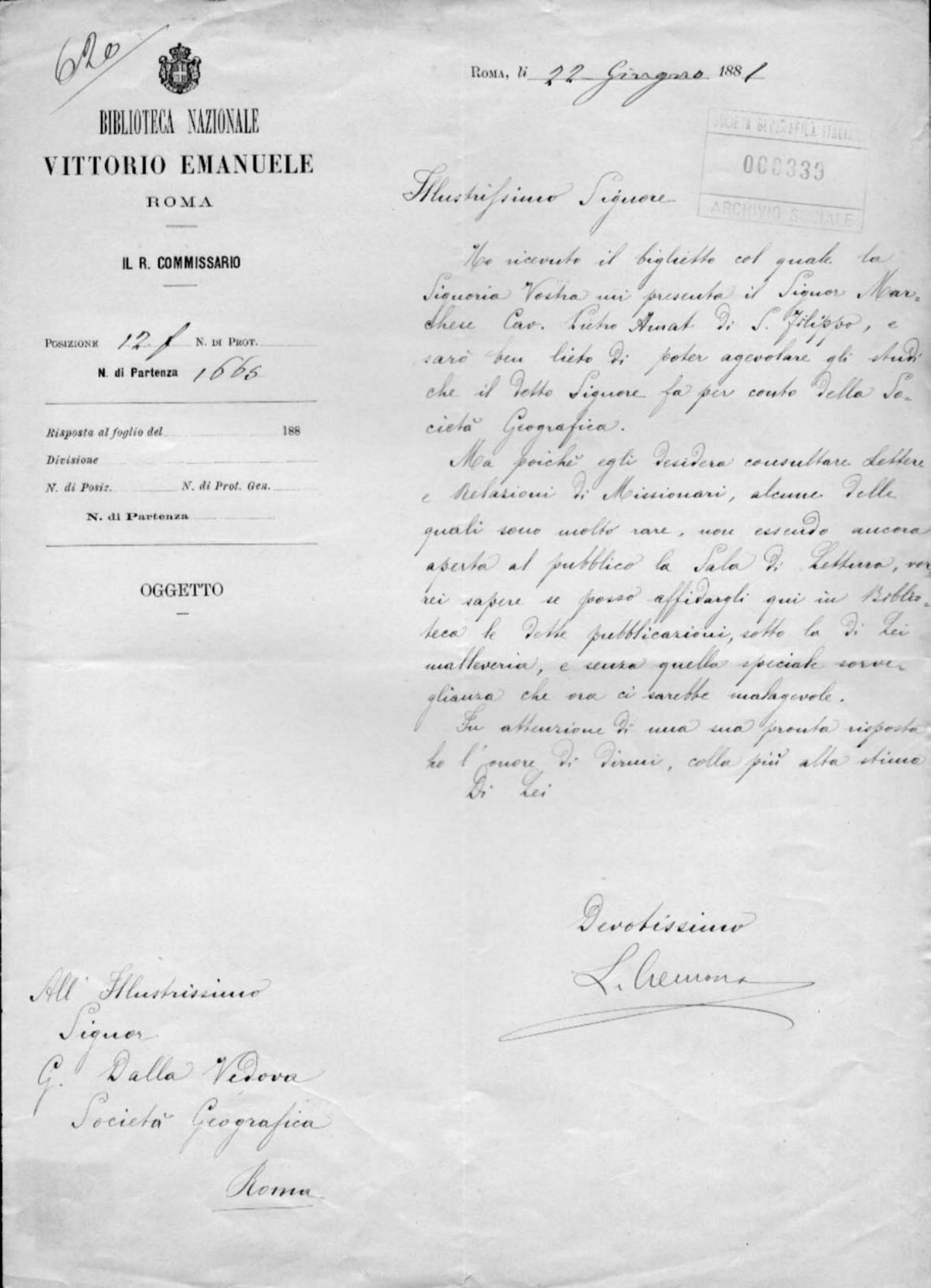 Luigi Cremona a Giuseppe Dalla Vedova 22.6.1881