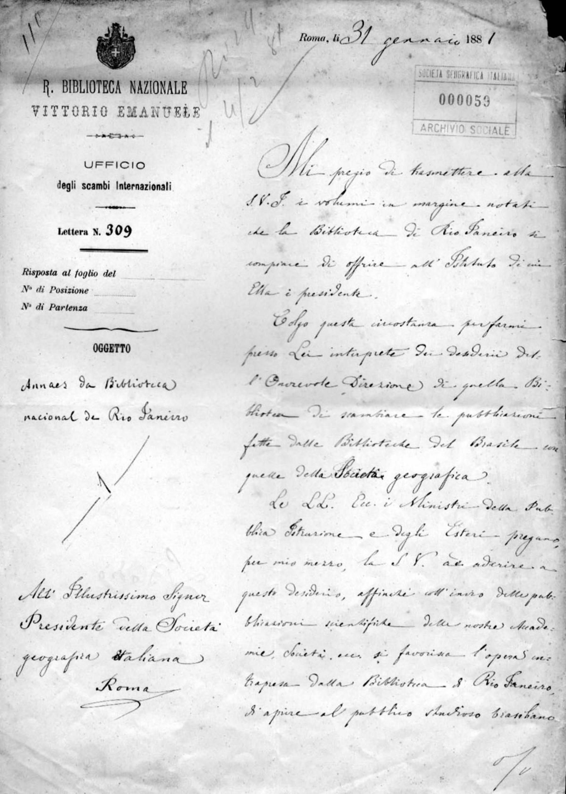 Luigi Bodio a Onorato Caetani 31.1.1881