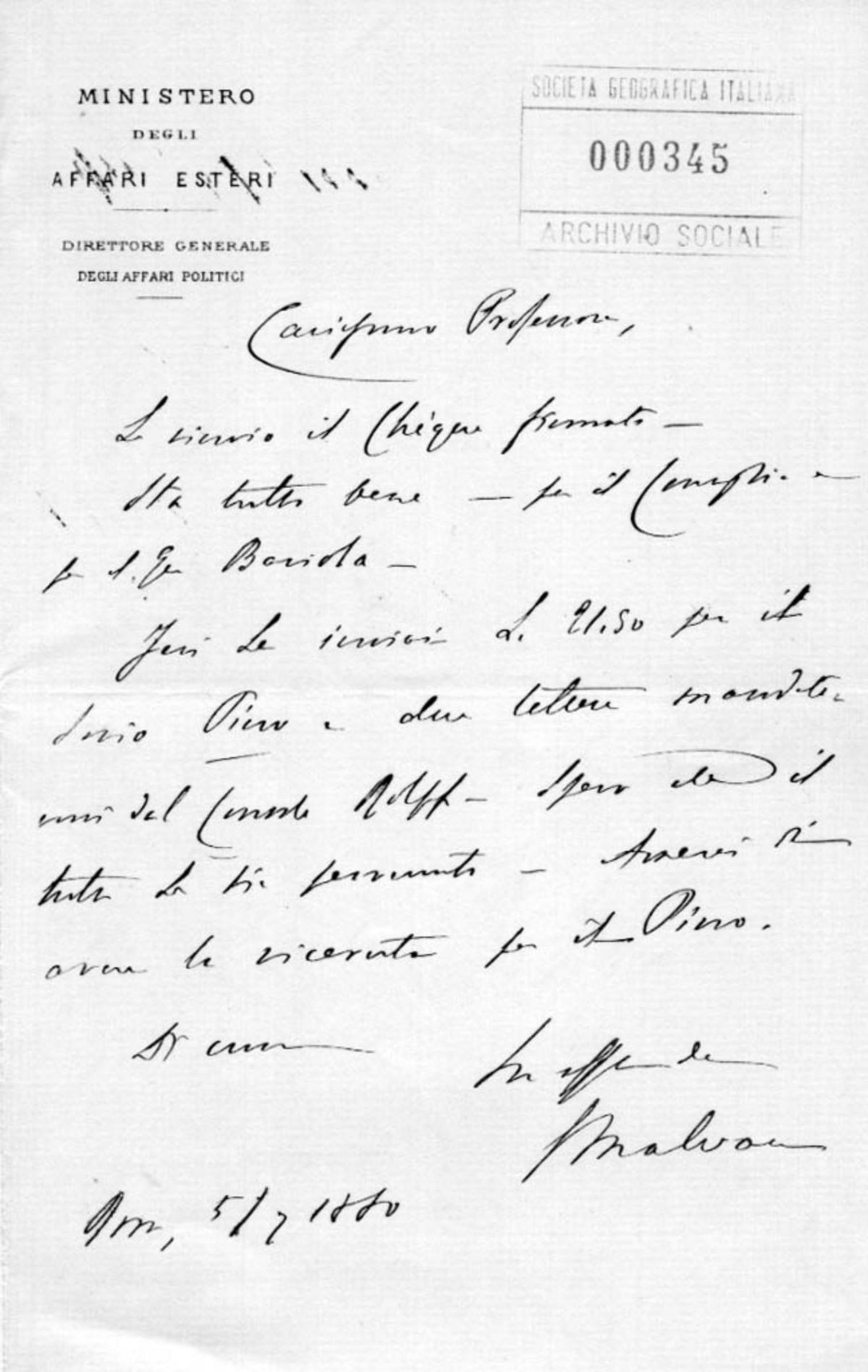 Giacomo Malvano a Giuseppe Dalla Vedova 5.7.1880