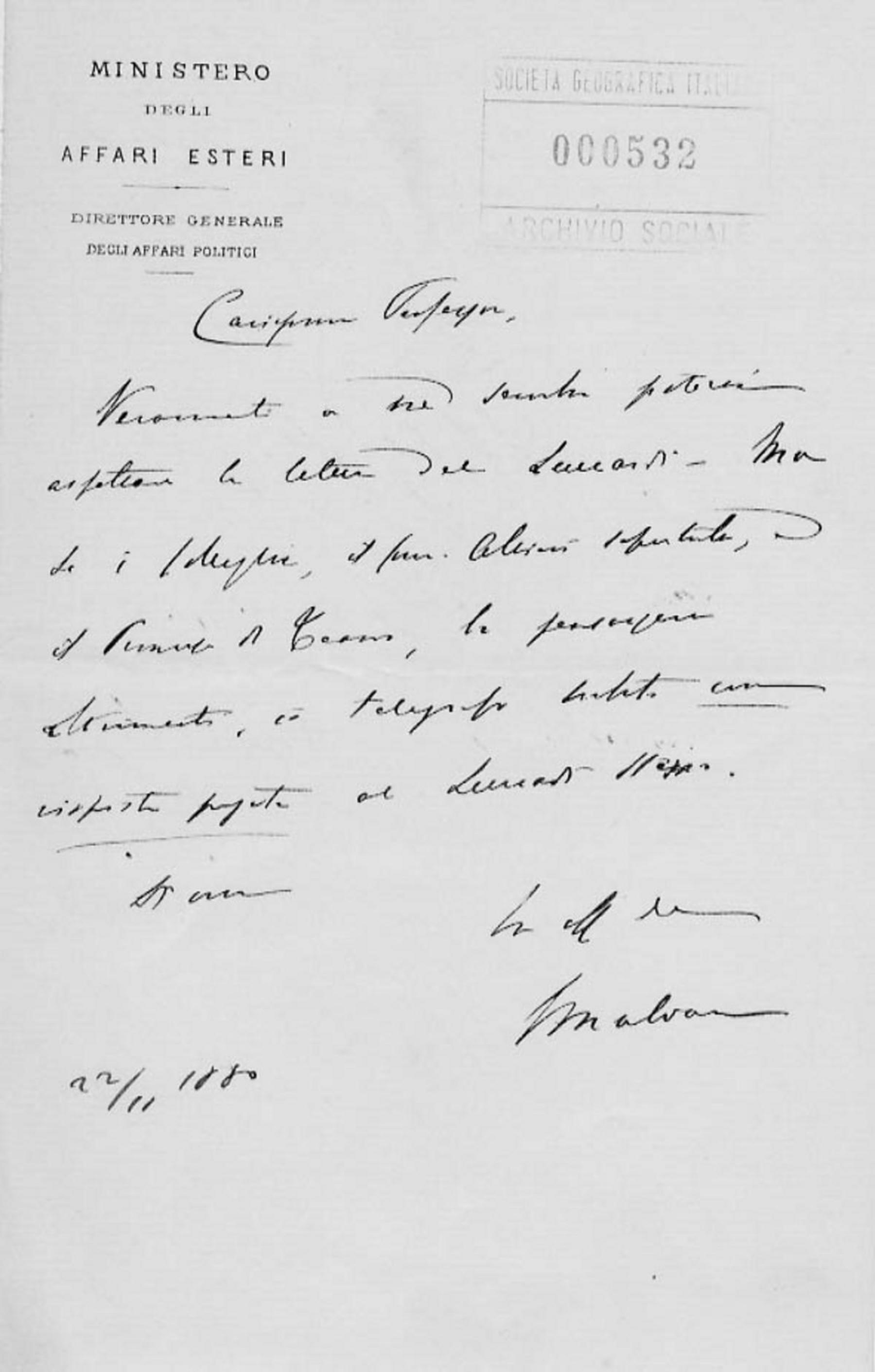 Giacomo Malvano a Giuseppe Dalla Vedova 22.11.1880