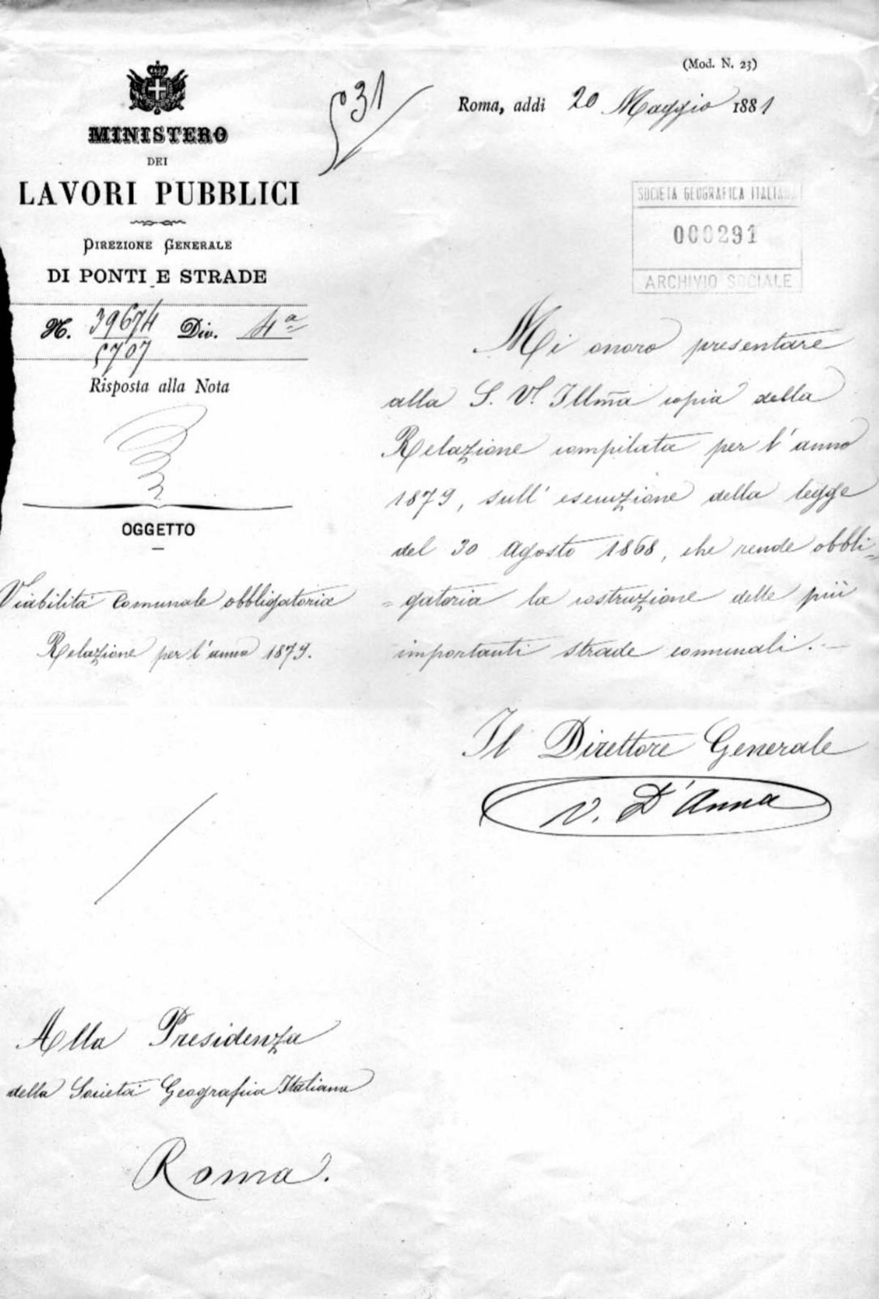 Vincenzo D'Anna a Onorato Caetani 20.5.1881