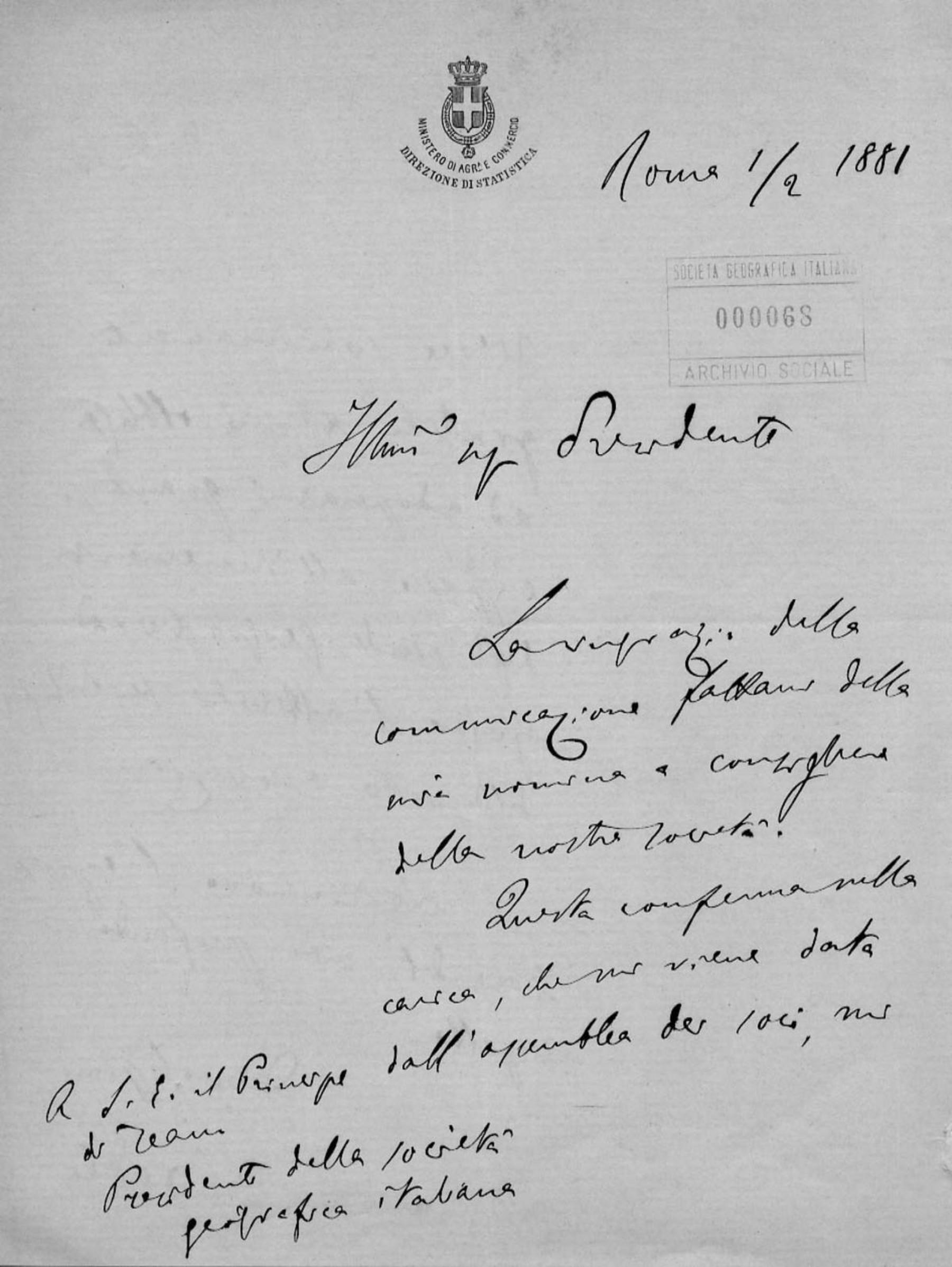 Luigi Bodio a Onorato Caetani 1.2.1880