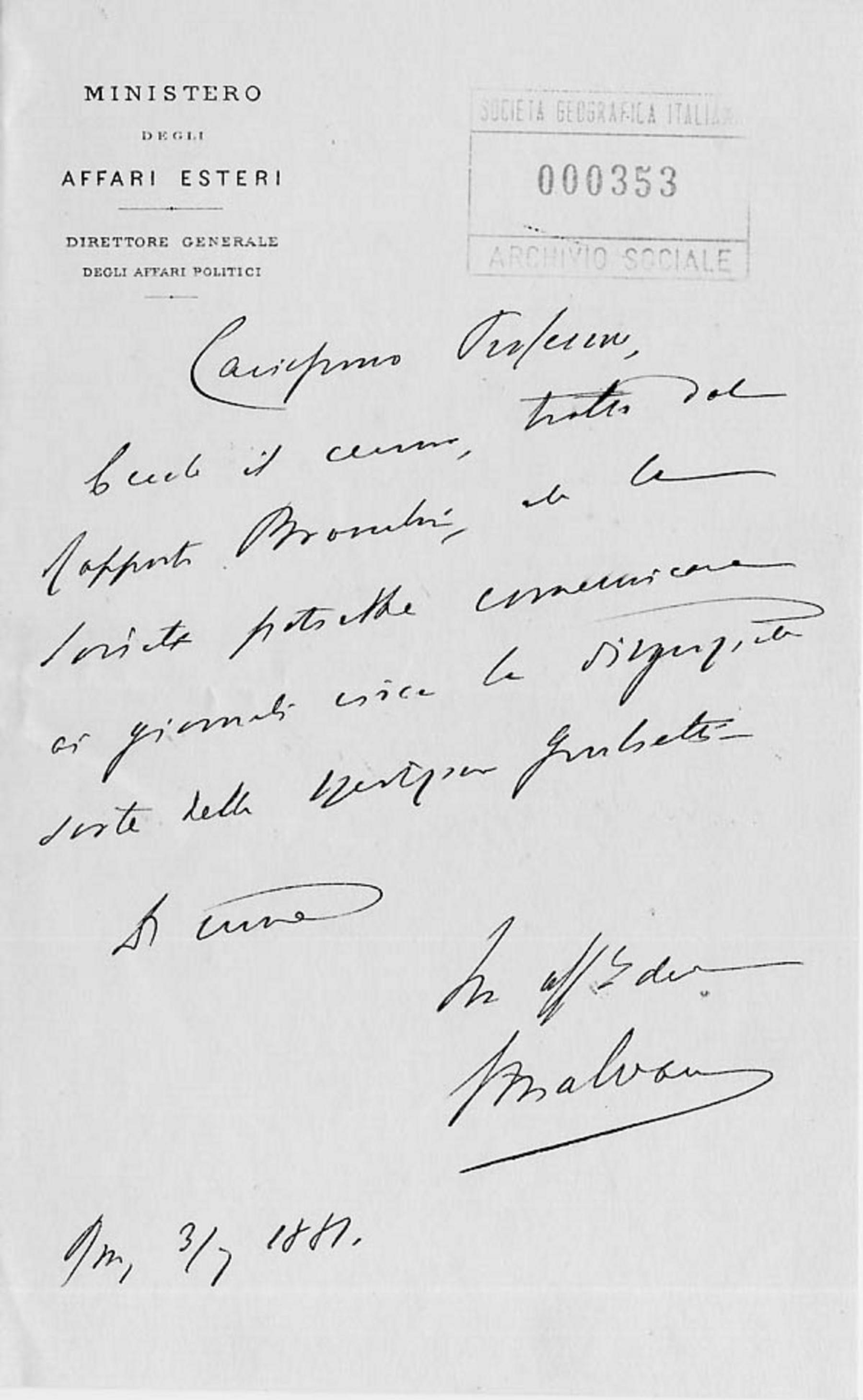 Giacomo Malvano a Giuseppe Dalla Vedova 3.7.1881