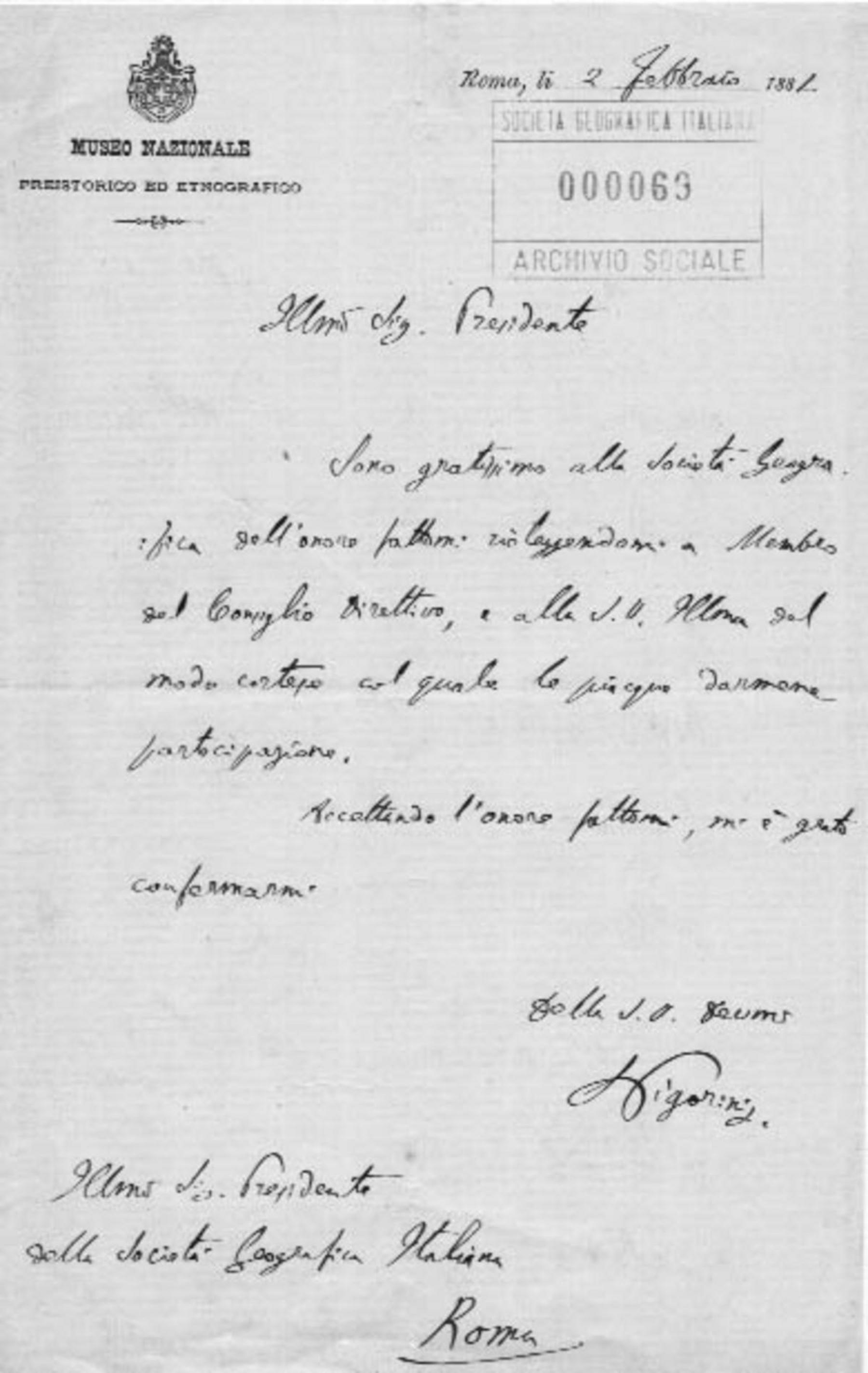 Luigi Pigorini a Onorato Caetani 2.2.1881