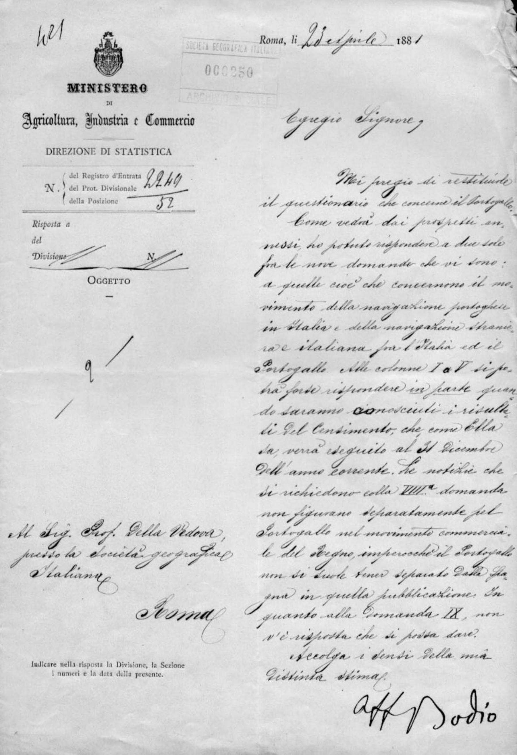 Luigi Bodio a Giuseppe Dalla Vedova 23.4.1881