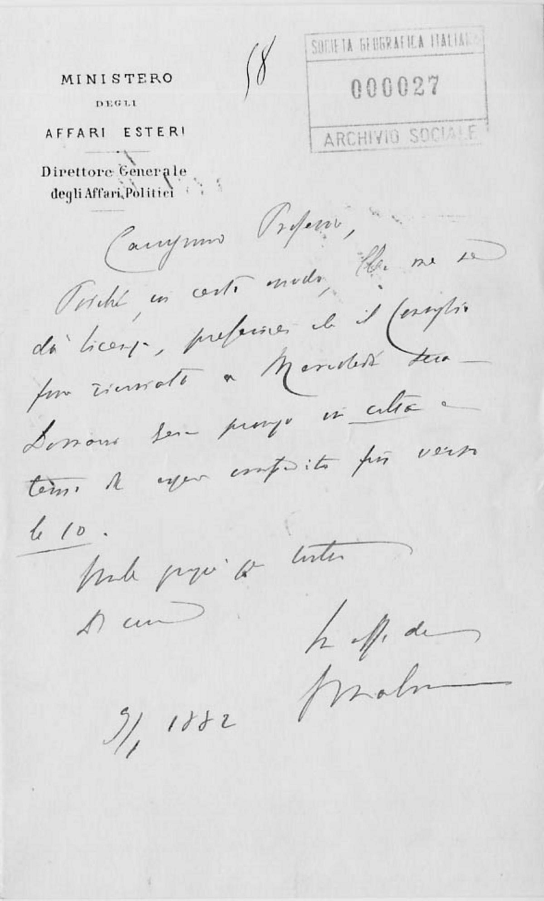 Giacomo Malvano a Giuseppe Dalla Vedova 9.1.1882