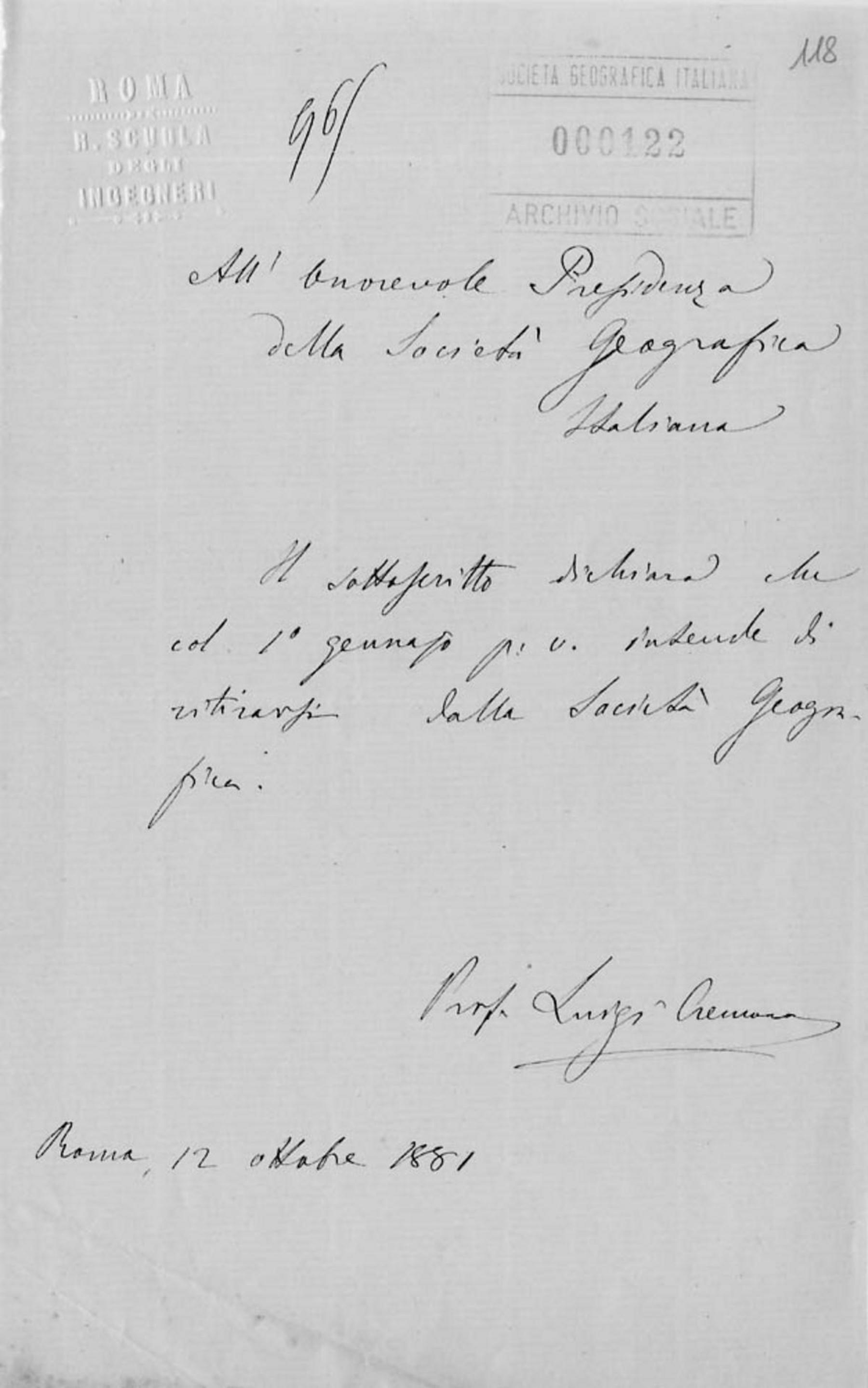 Luigi Cremona a Onorato Caetani 12.10.1881