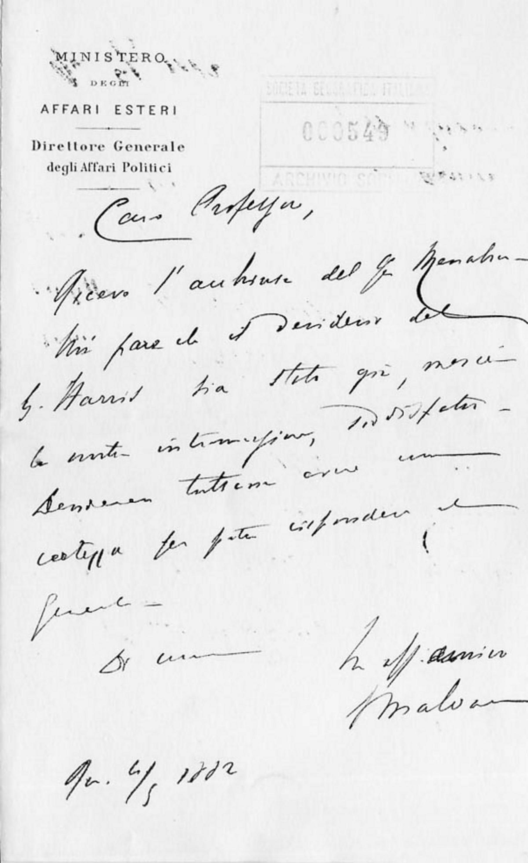 Giacomo Malvano a Giuseppe Dalla Vedova 4.5.1882