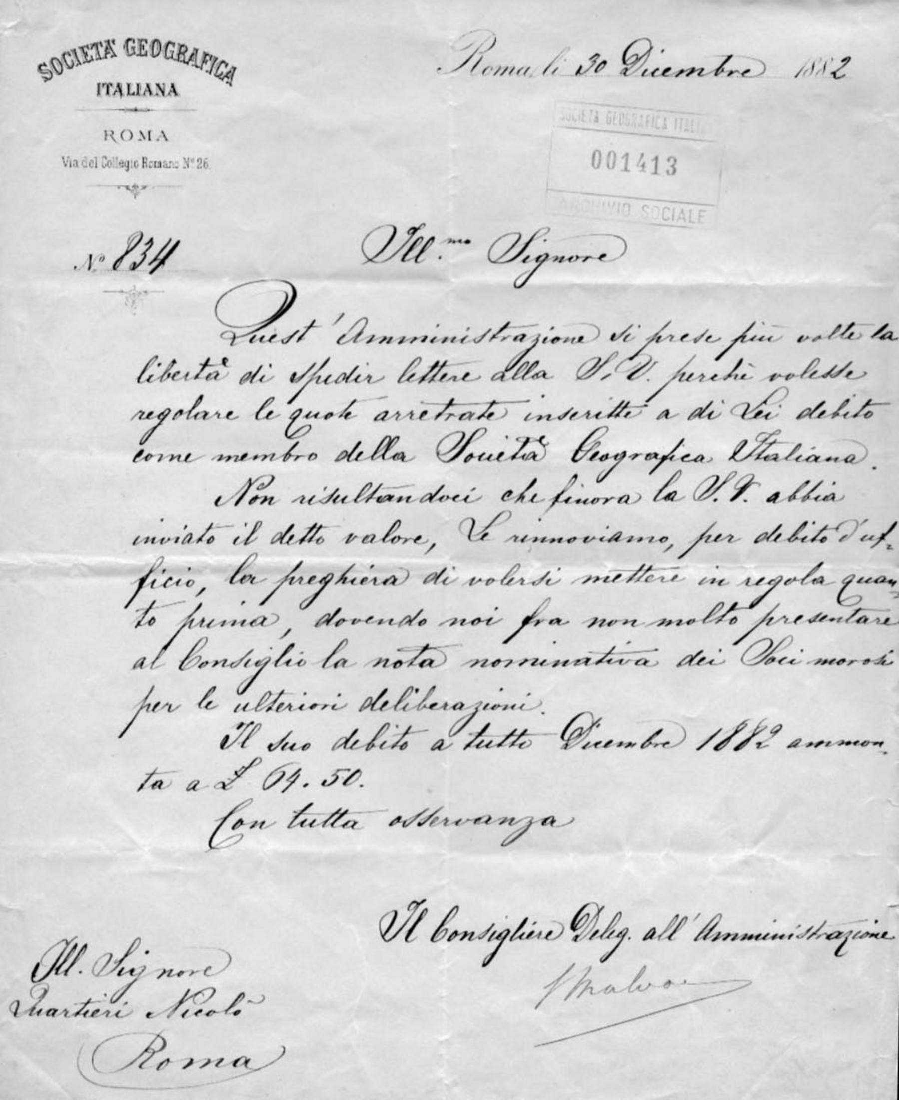 Giacomo Malvano a Nicolò Quartieri 5.12.1882